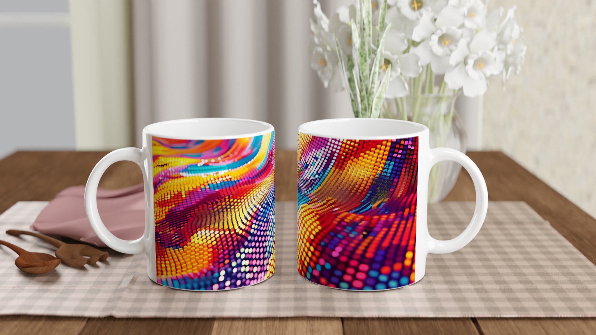 Vit 11oz keramisk mugg med färgstark abstrakt design i sju levande nyanser 11 28ad1558-797c-4ed9-b159-cba7a3a852e5