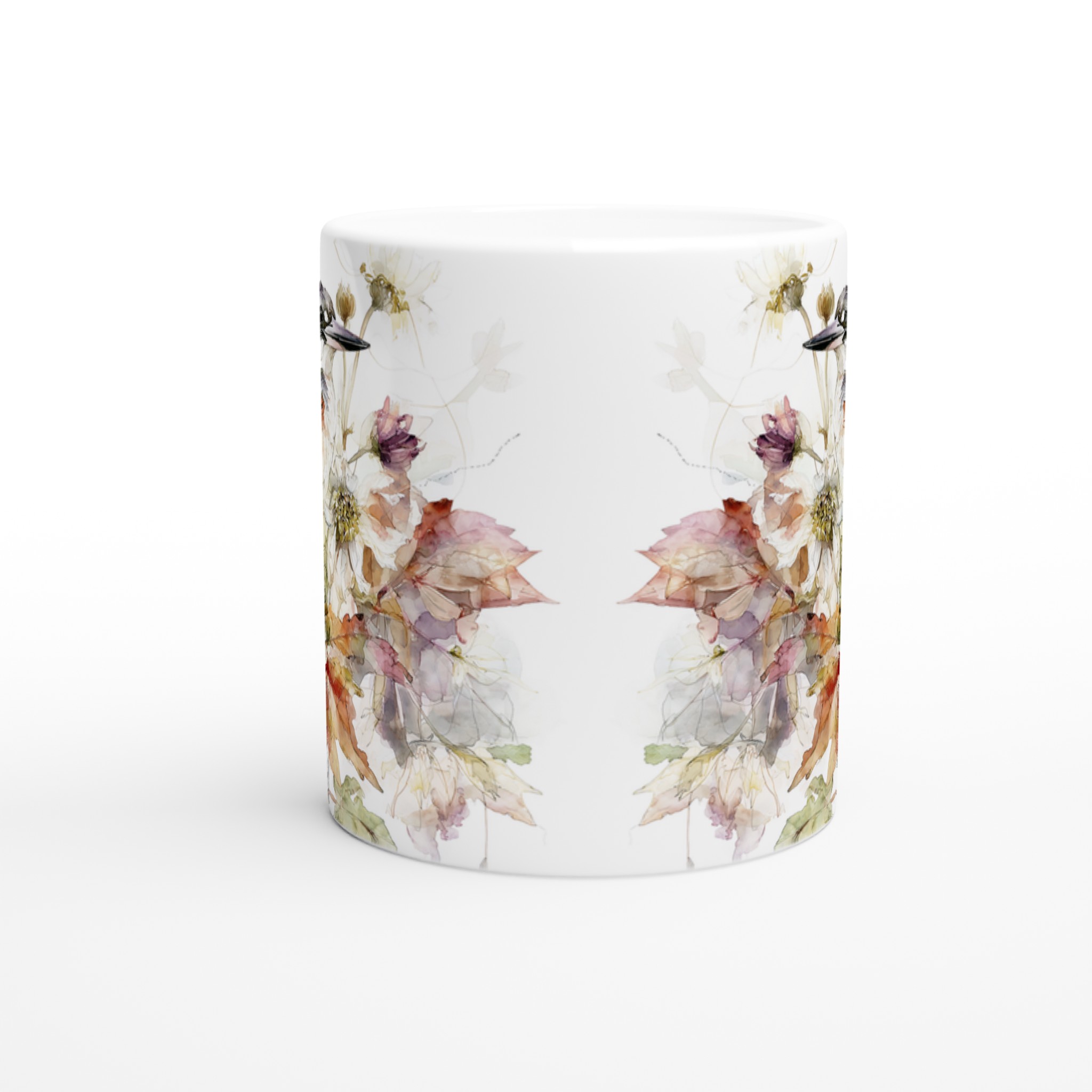 Vit 11oz keramisk mugg med konstnärligt fågelmotiv i mjuka höstnyanser 8 2908e678-29eb-46f0-a97f-39e565a99687