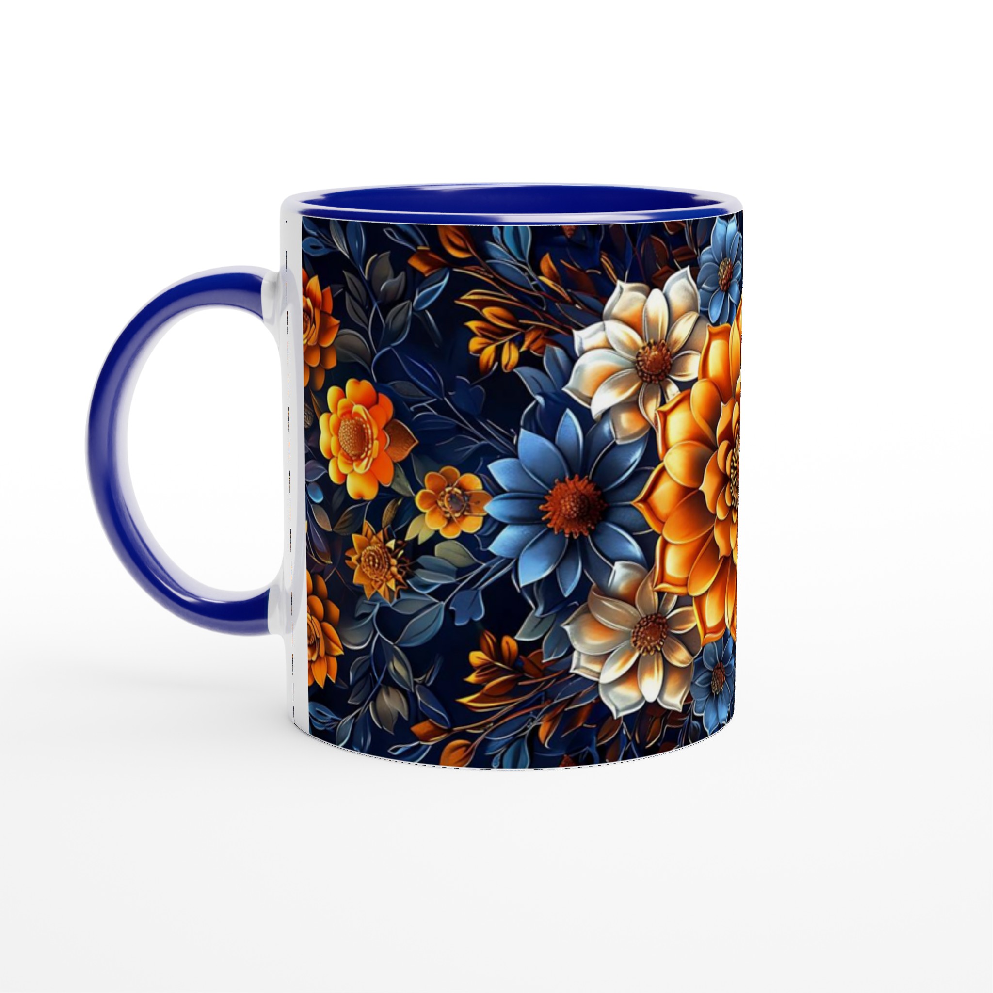 Lyxig Blomstermugg 11oz – Eleganta Orange, Blå & Vita Blommor på Mörk Bakgrund 2 29455010-ea28-4888-9b5f-cec96ba5b49d