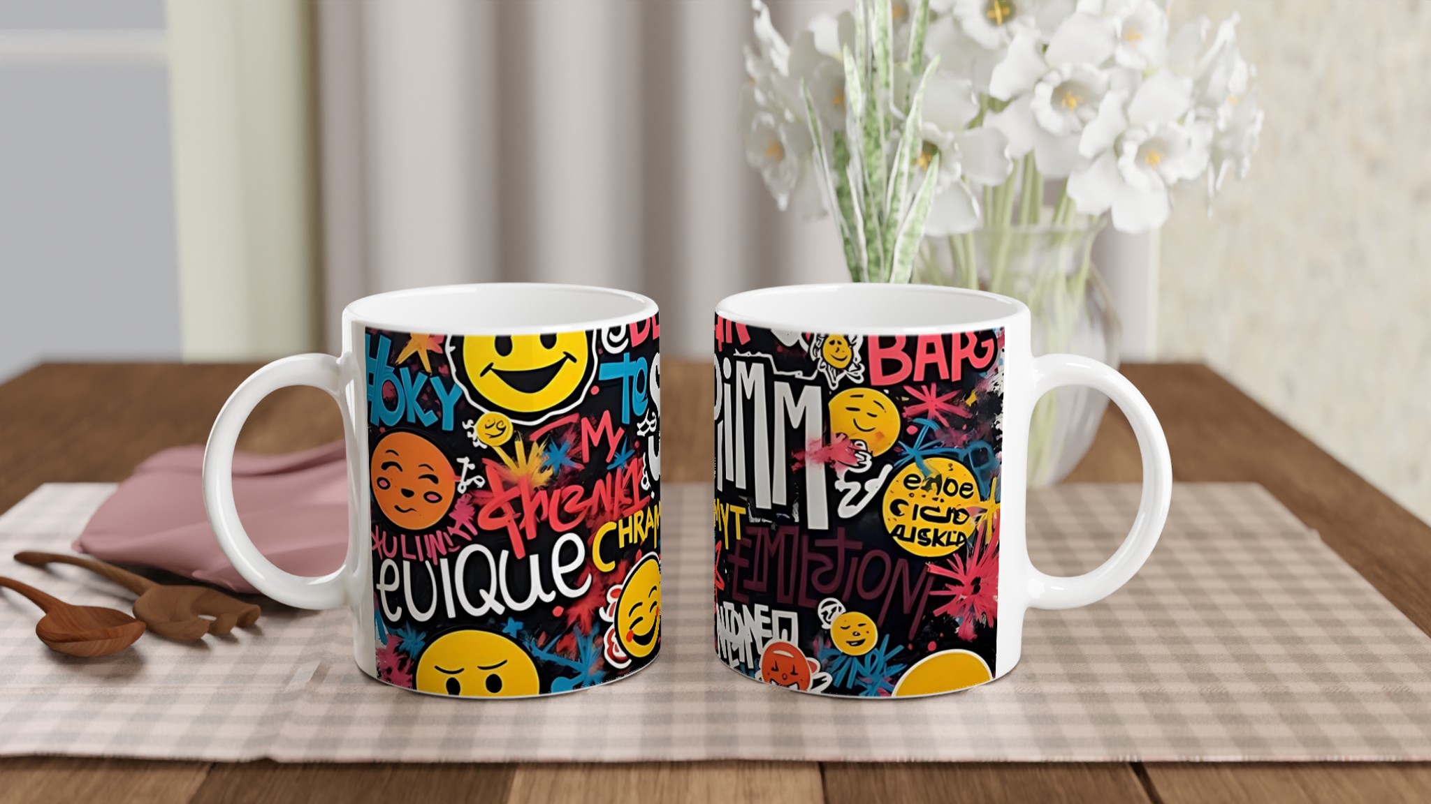Vit 11oz keramisk mugg med färgstarkt graffiti- och emoji-motiv i flera keramiska färger 10 297ac584-0cc5-410a-a703-a8578e8b7e75