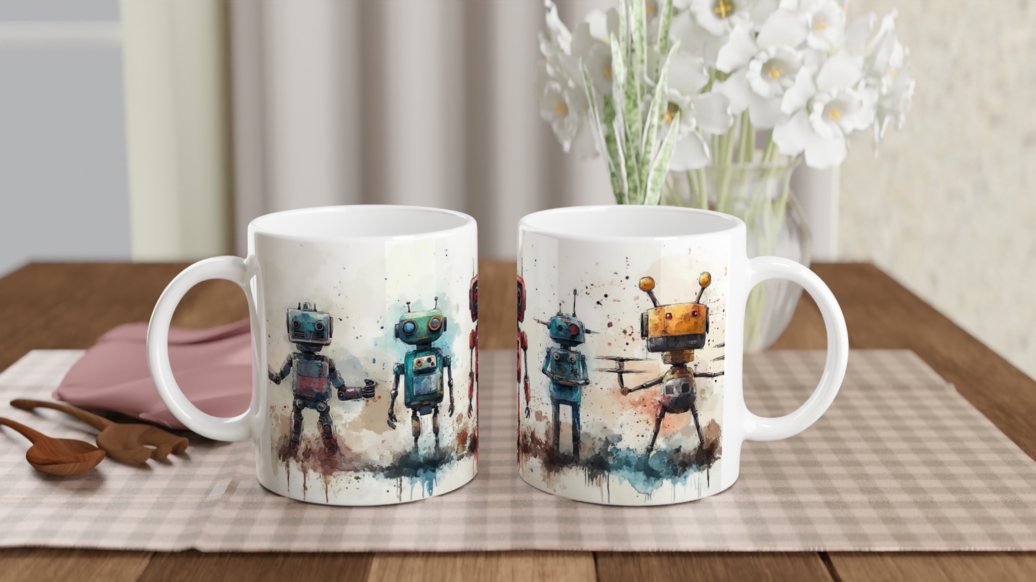 Retro Robot Vänner 11oz Keramikmugg – Konstnärlig Akvarell Design i Flera Färger 10 297aff94-ebcd-4076-833d-fbb002825579