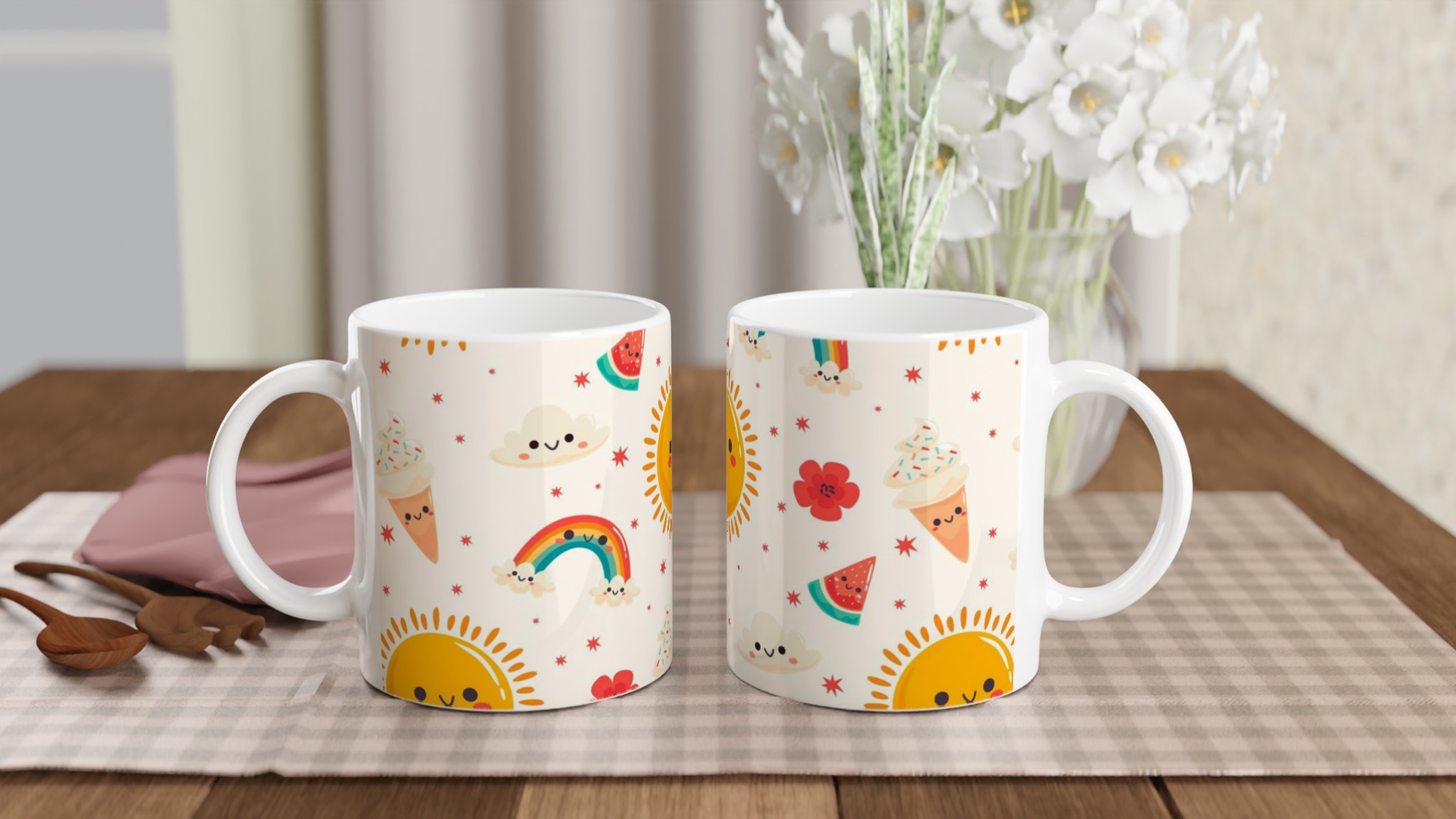Glad Sommar Mugg – 11oz Keramikmugg med Kawaii Sol, Regnbågar och Glass – Välj bland 7 Livliga Färger! 10 297ff711-617c-471b-ac1c-145f956098ca