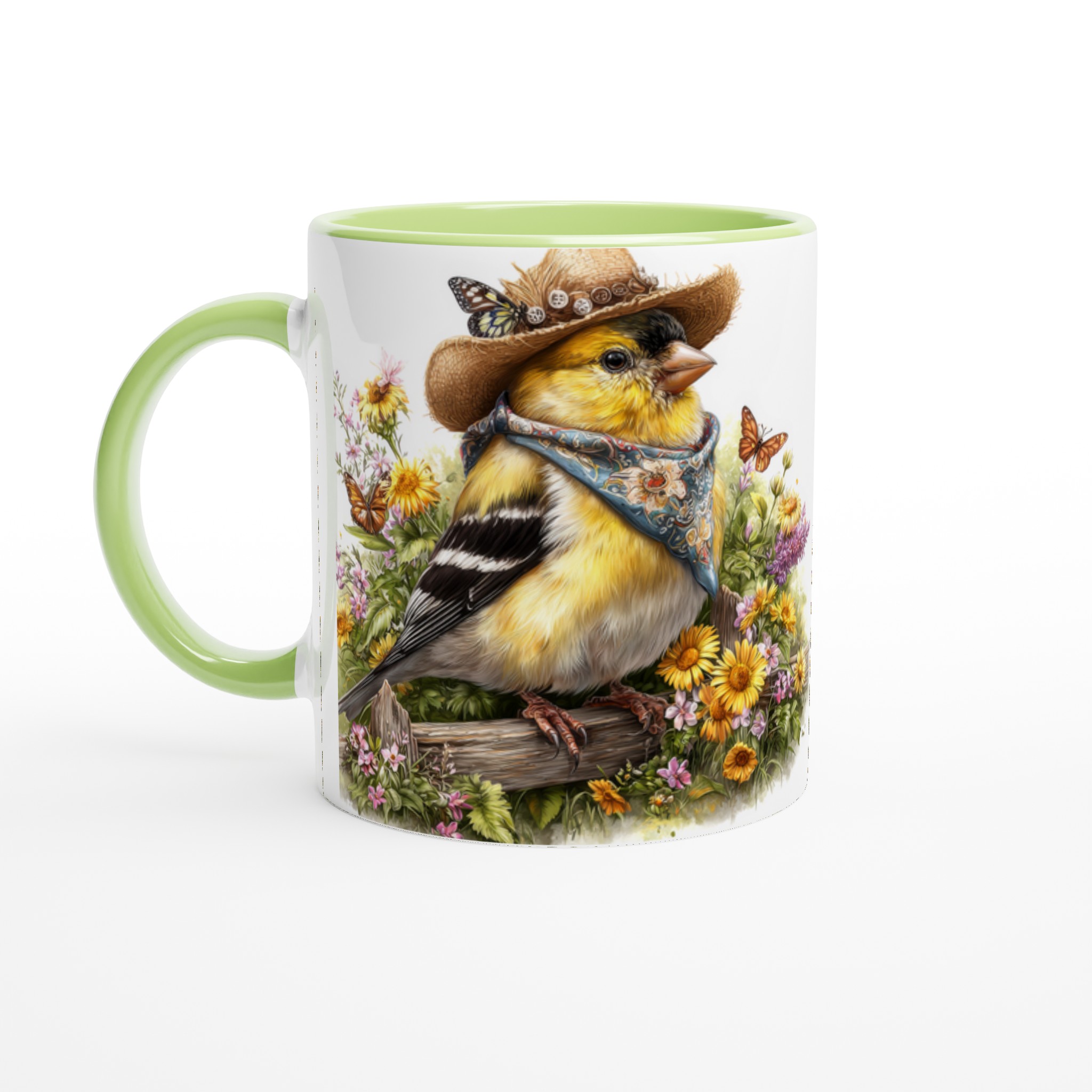 Charmig 11oz keramisk mugg med fågel i hatt och blommor – välj bland sju färgstarka nyanser 7 2ad161b3-e744-4517-bbce-d8839a272795