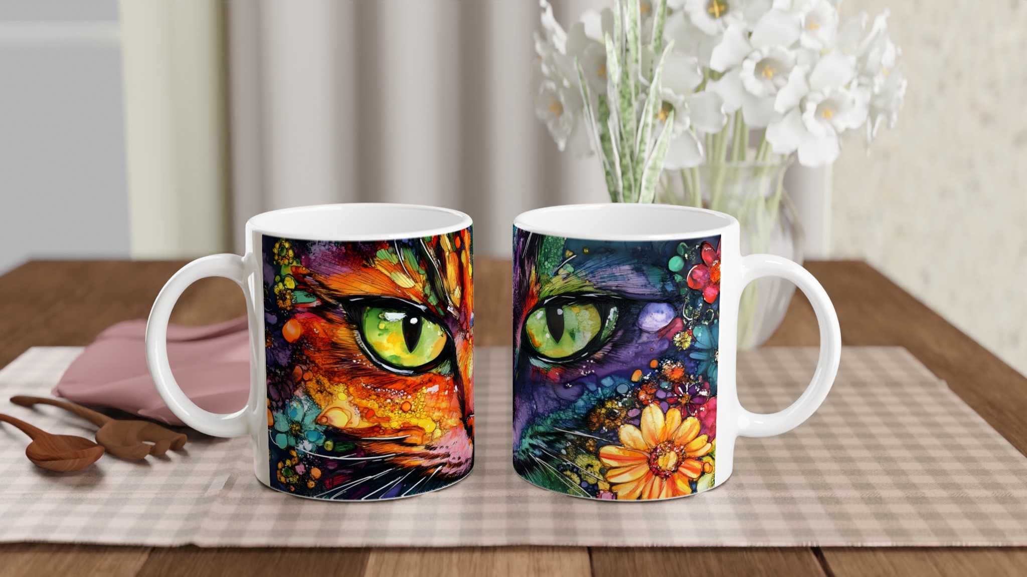 Vit 11oz keramisk mugg med färgstarkt kattmotiv – välj din favoritfärg för personlig stil 10 2bb772e6-b77f-44cd-98d0-740495e1bb20