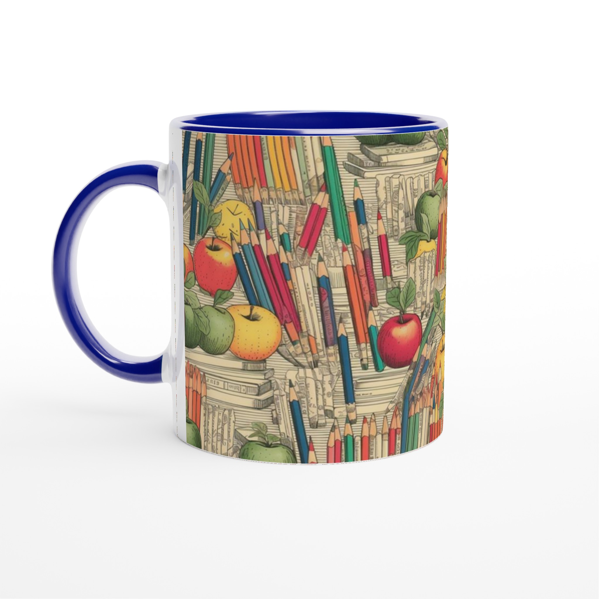 Vit 11oz keramisk mugg med färgglad bok- och äppelmönster i valfri keramikfärg 2 2bbe23c2-9a22-4db0-b91a-b53f97ddfe04