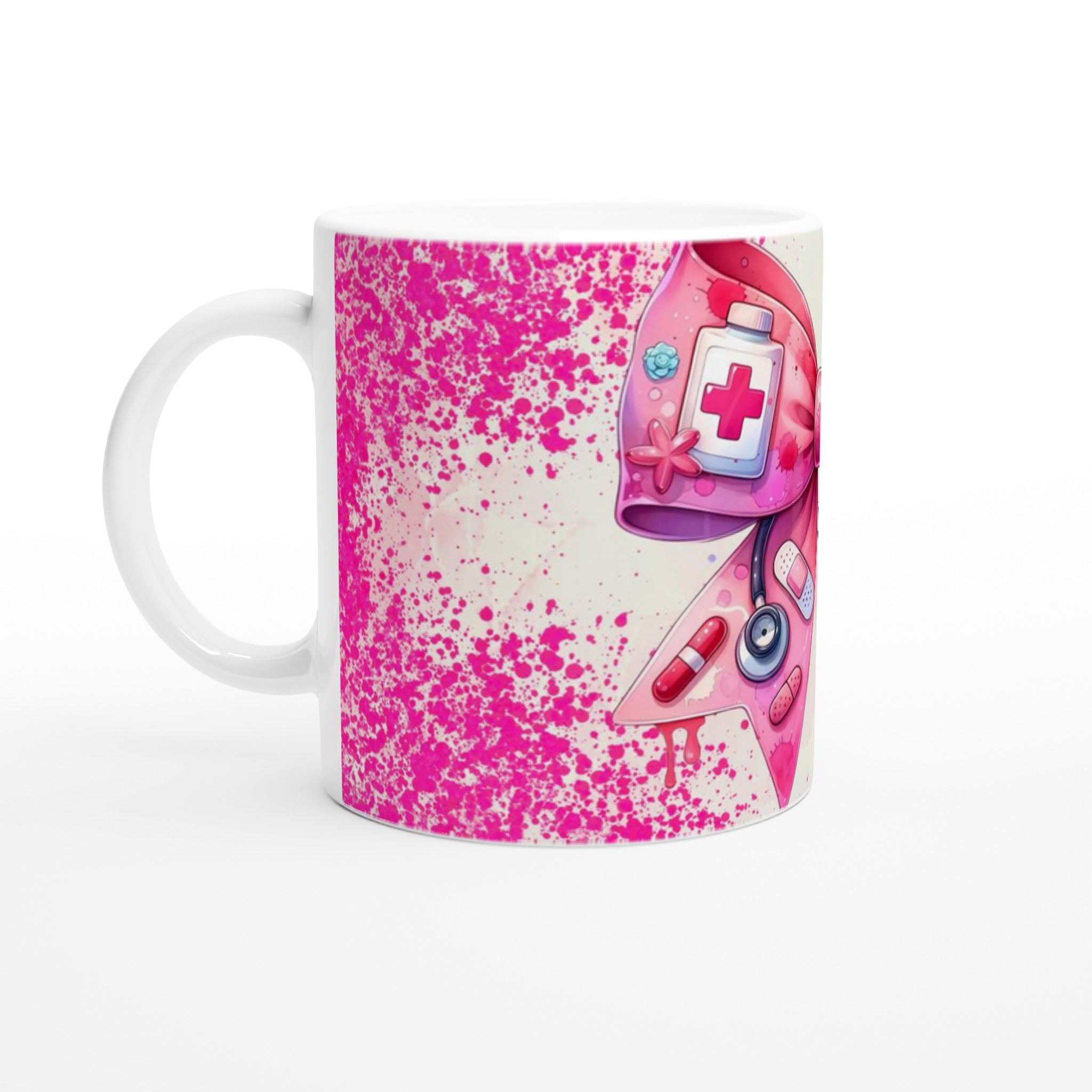 Vit 11oz keramisk mugg med rosa vårdhjälte-design – välj bland sju färgstarka keramikalternativ 1 2c958a3b-9b81-4c95-ba72-da15b2722b2e