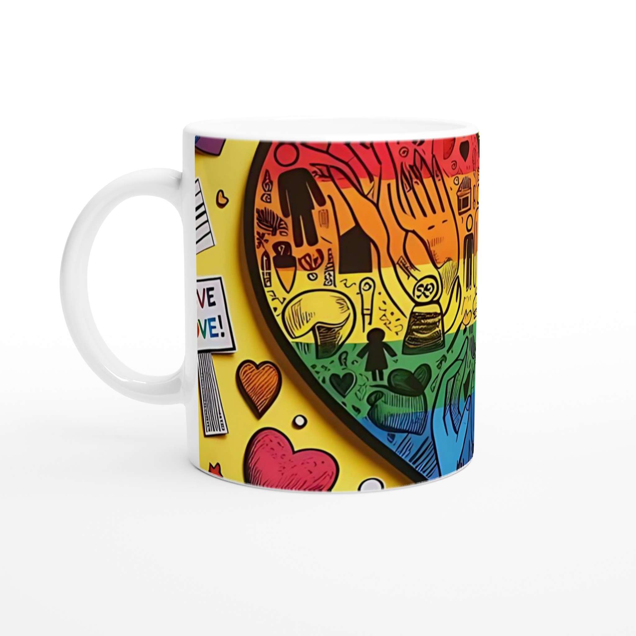 Vit 11oz keramisk mugg med färgglad PRIDE-hjärtdesign – välj bland sju livfulla keramiska färger 1 2c9f9171-4885-42f8-9870-7f27fb917d9d
