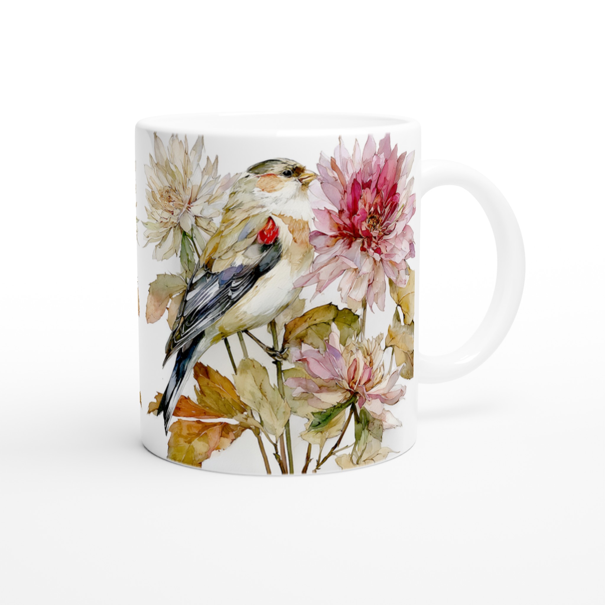Vit 11oz keramisk mugg med elegant fågel och blomsterkonst i balanserade pastelltoner 9 2cb58c42-3af1-44b2-8005-1be8630d13c5