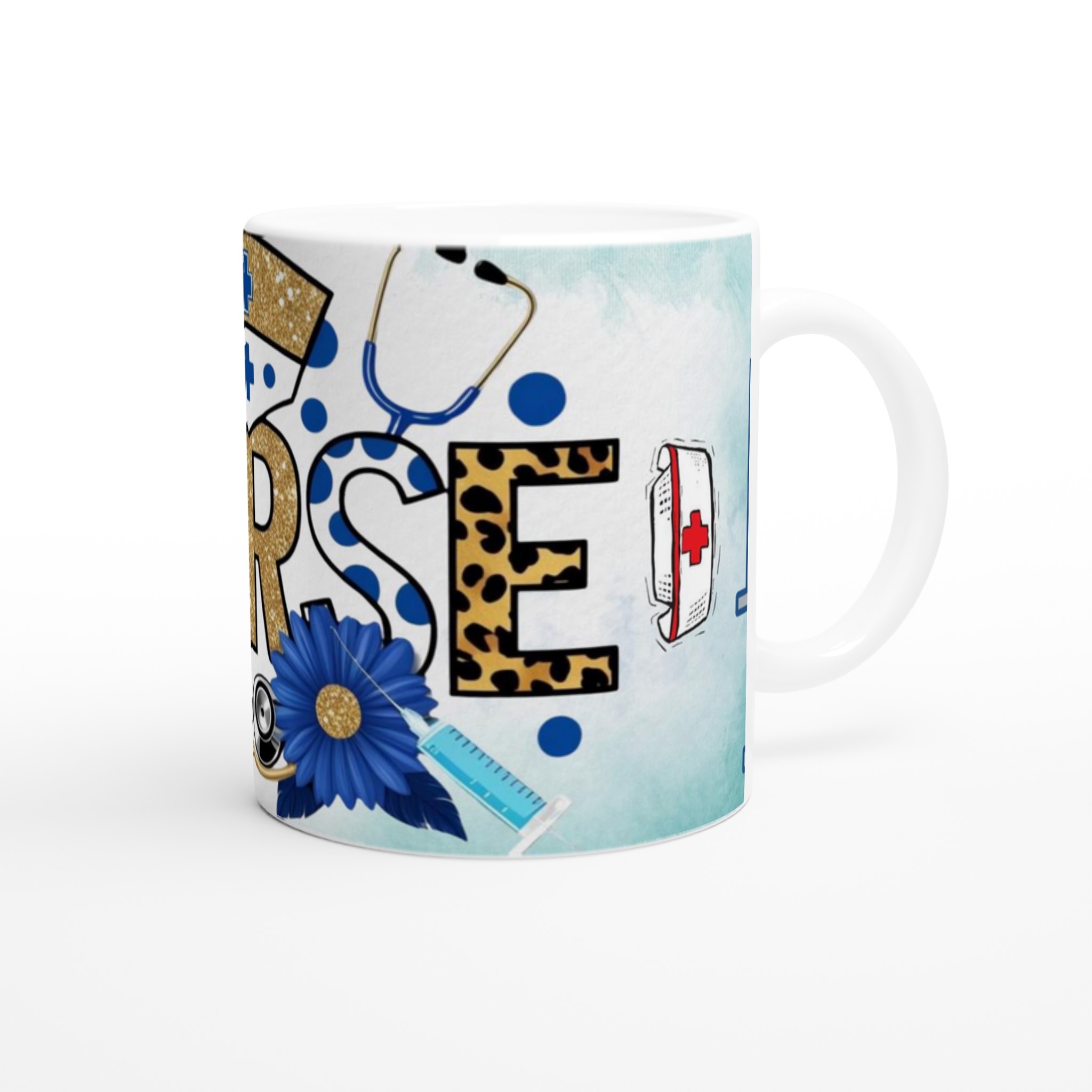 Stilren Vit 11oz Keramisk Mugg med Nurse-design i Guld, Leopard och Blått – Välj Din Favoritfärg! 10 2dee6fff-5e58-4f68-a08f-de998c83e63b