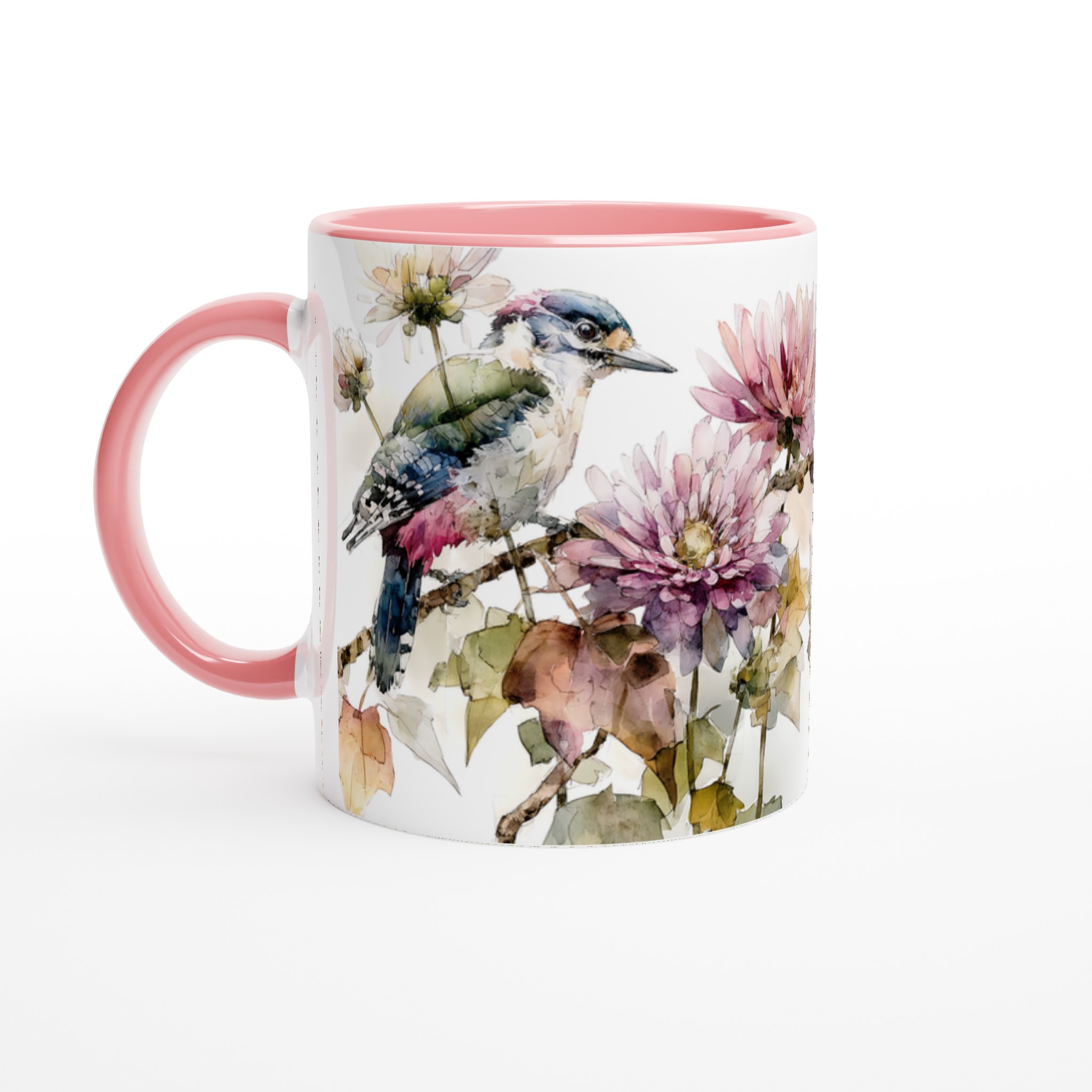 Vit 11oz keramisk mugg med akvarellinspirerat fågel- och blommotiv i flera vackra färger 6 2e586679-3d48-4d5b-b5d9-c53a0a0ca705