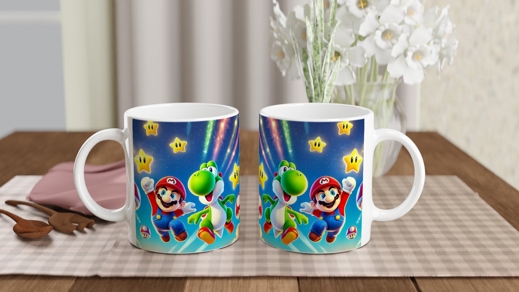Vit 11oz keramisk mugg med färgstarka spelkaraktärer och magiska stjärnor – välj din keramiska färg 10 2f66a049-23e7-4392-b805-1808d652184d