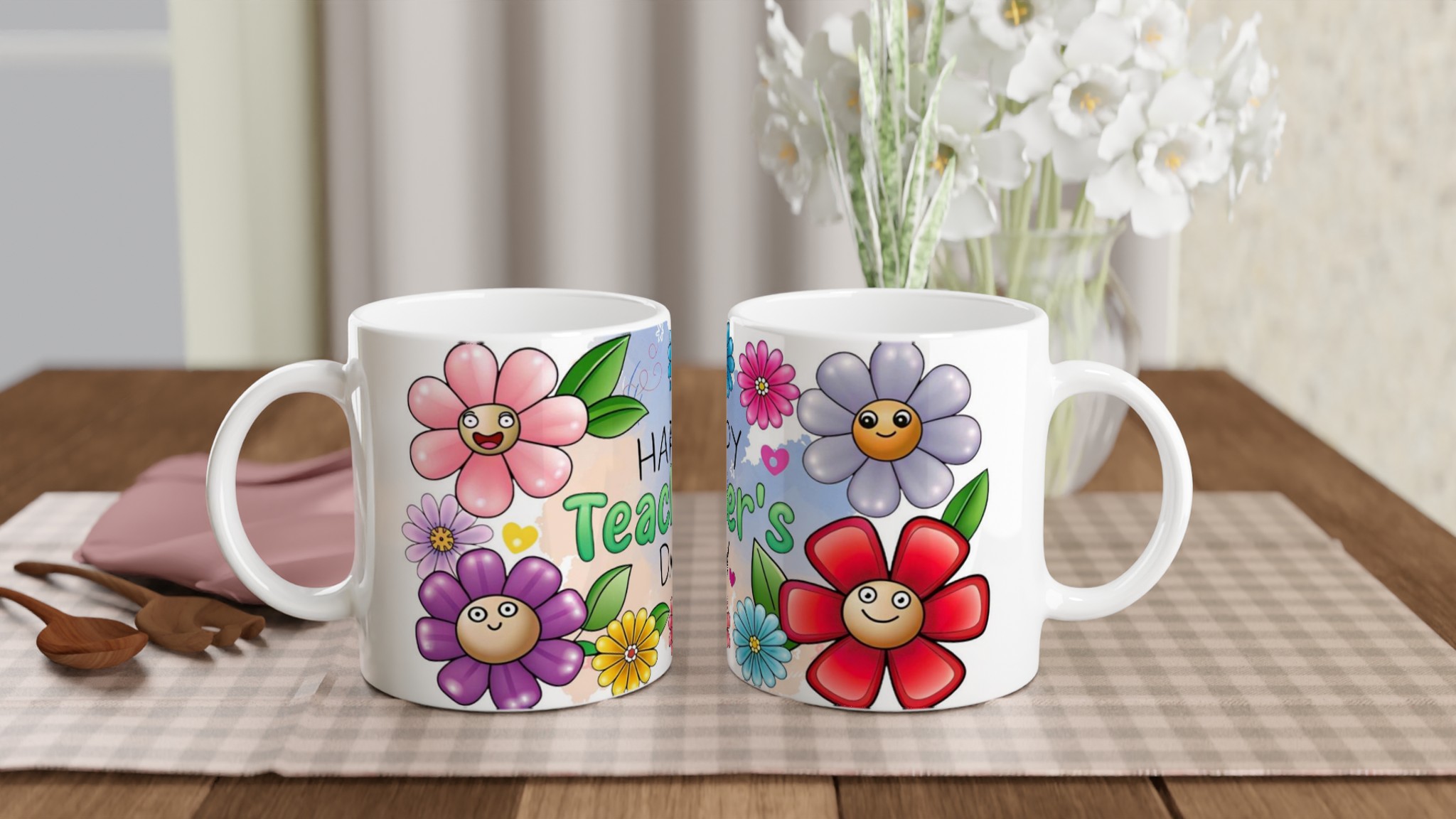 Happy Teacher's Day Ceramic Mug – Bright Floral Fun in Your Choice of Seven Colors 10 301a40e9-09f7-4ac8-82f8-e9bf1aeba101