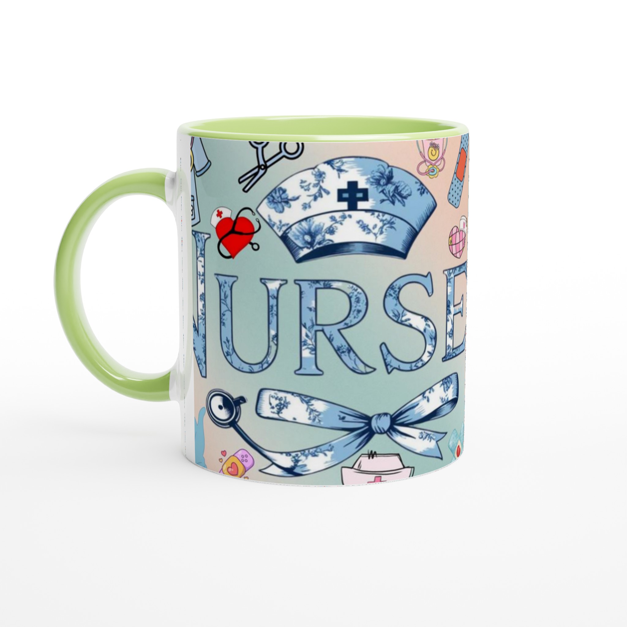 Vit 11oz keramisk mugg med vintage sjuksköterskedetaljer i mjuka blå nyanser 7 3039533a-cdd6-44d4-98c9-436f01d0a6a9