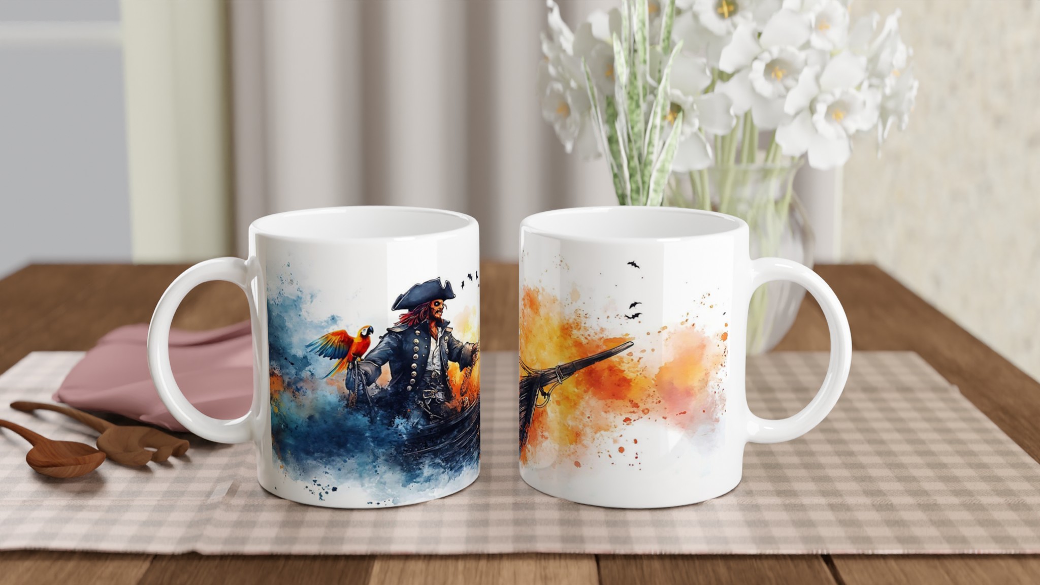 Piratmugg – Äventyrlig Vattenfärgsskäppare med Papegoja – 11oz Keramisk Mugg i Valfri Färg 10 305f2f76-d500-4124-aa2e-c0614c526a09