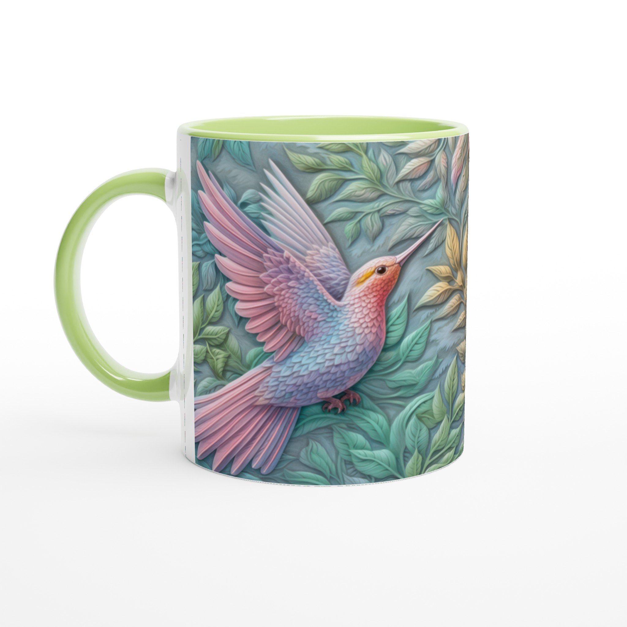 Vit 11oz keramisk mugg med drömskt kolibri- och lövmotiv i mjuka pasteller 7 320701a5-90d5-4874-81f4-677965ad5e43