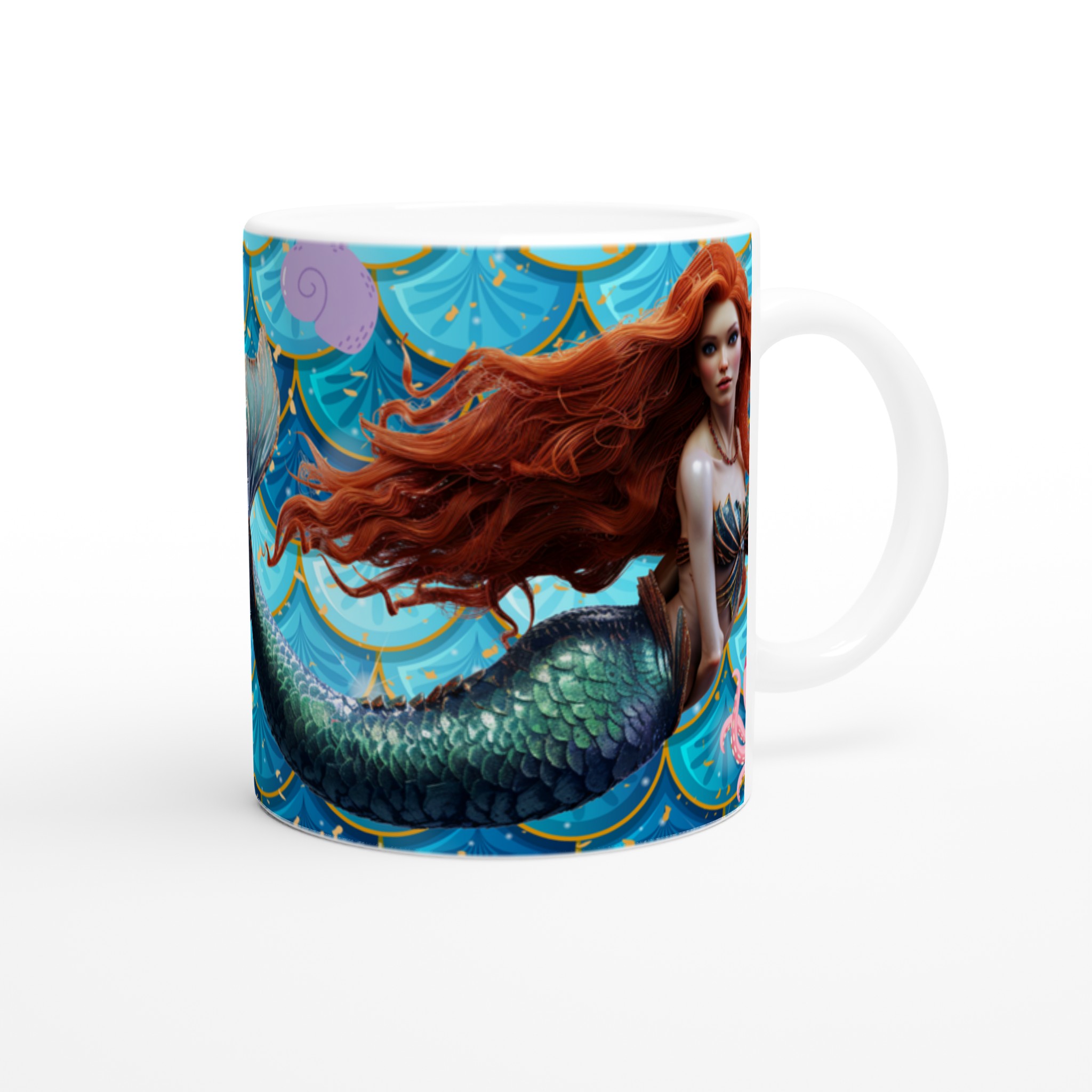 Vit 11oz keramisk mugg med magiska sjöjungfruillustrationer i flera livfulla färger 9 320d7809-4272-44a2-9948-847d9f16401a