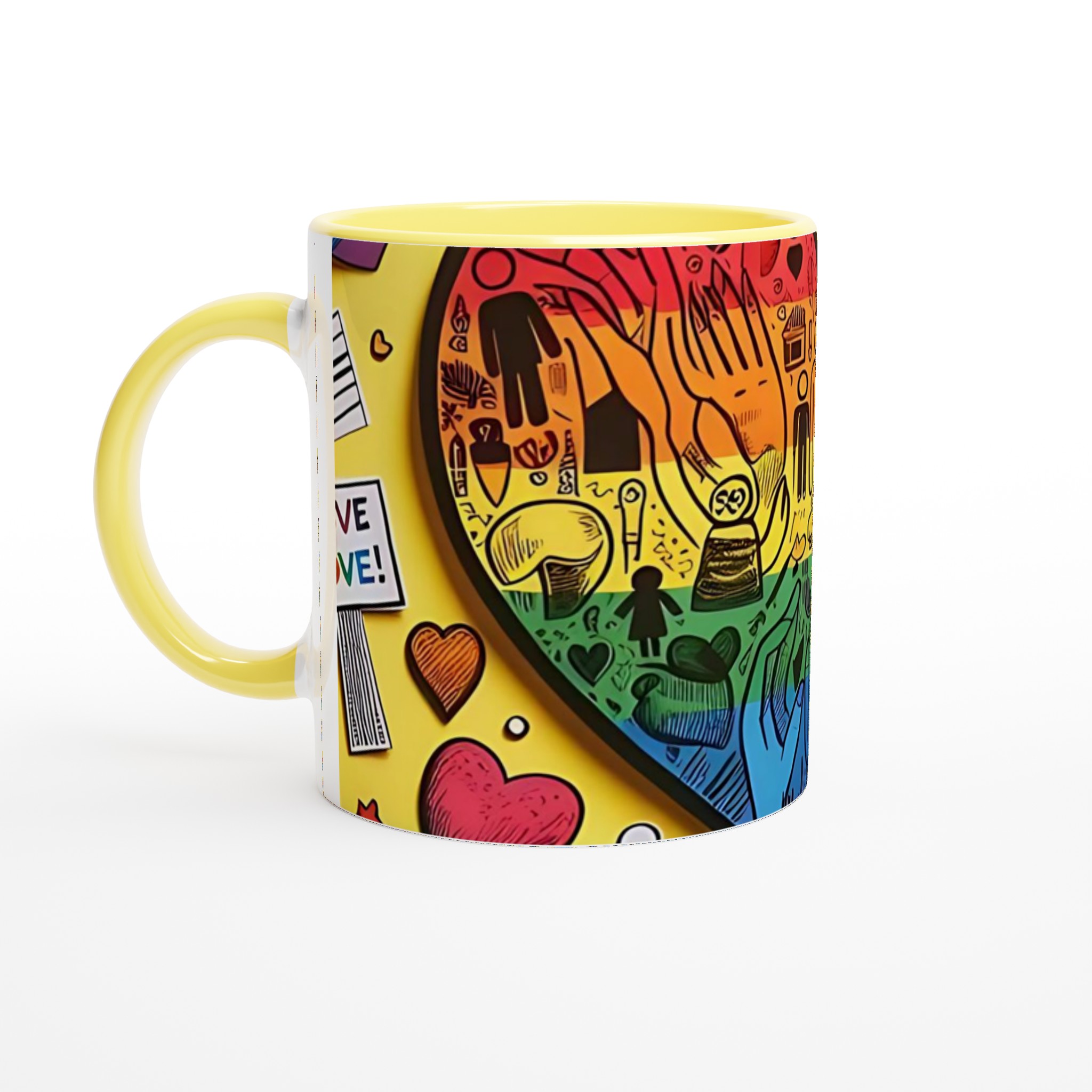 Vit 11oz keramisk mugg med färgglad PRIDE-hjärtdesign – välj bland sju livfulla keramiska färger 3 32bcf701-86e6-4a5e-a4c2-4cc1b906c449