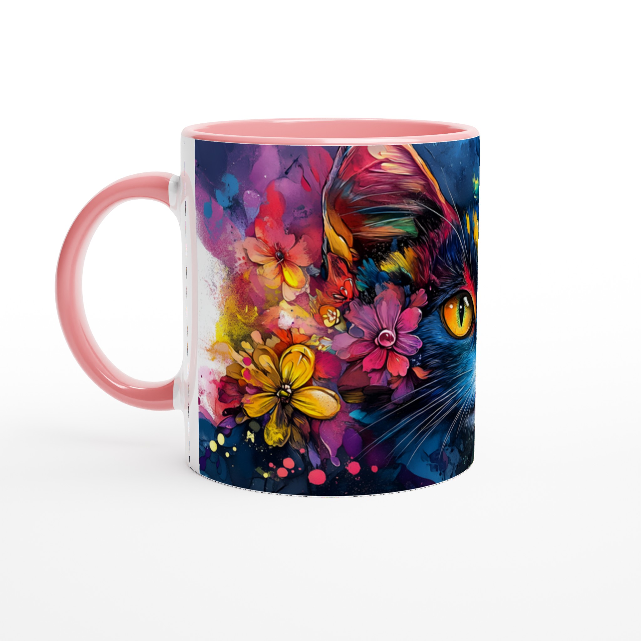 Vit 11oz keramisk mugg med färgstark konstnärlig katt, välj bland sju livfulla keramiska färger 6 3311068d-2233-47d2-9f85-5bc1983cceae