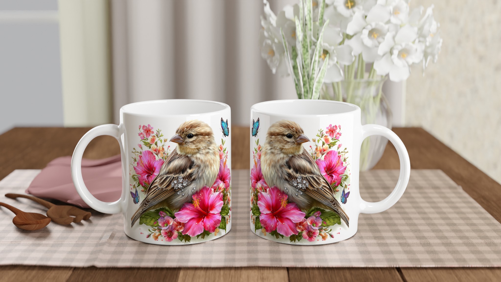 Vit 11oz keramisk mugg med naturinspirerat fågel- och blomstertryck i livfulla färger 10 33242f0b-87b6-4c96-929a-9ce66fbb878a