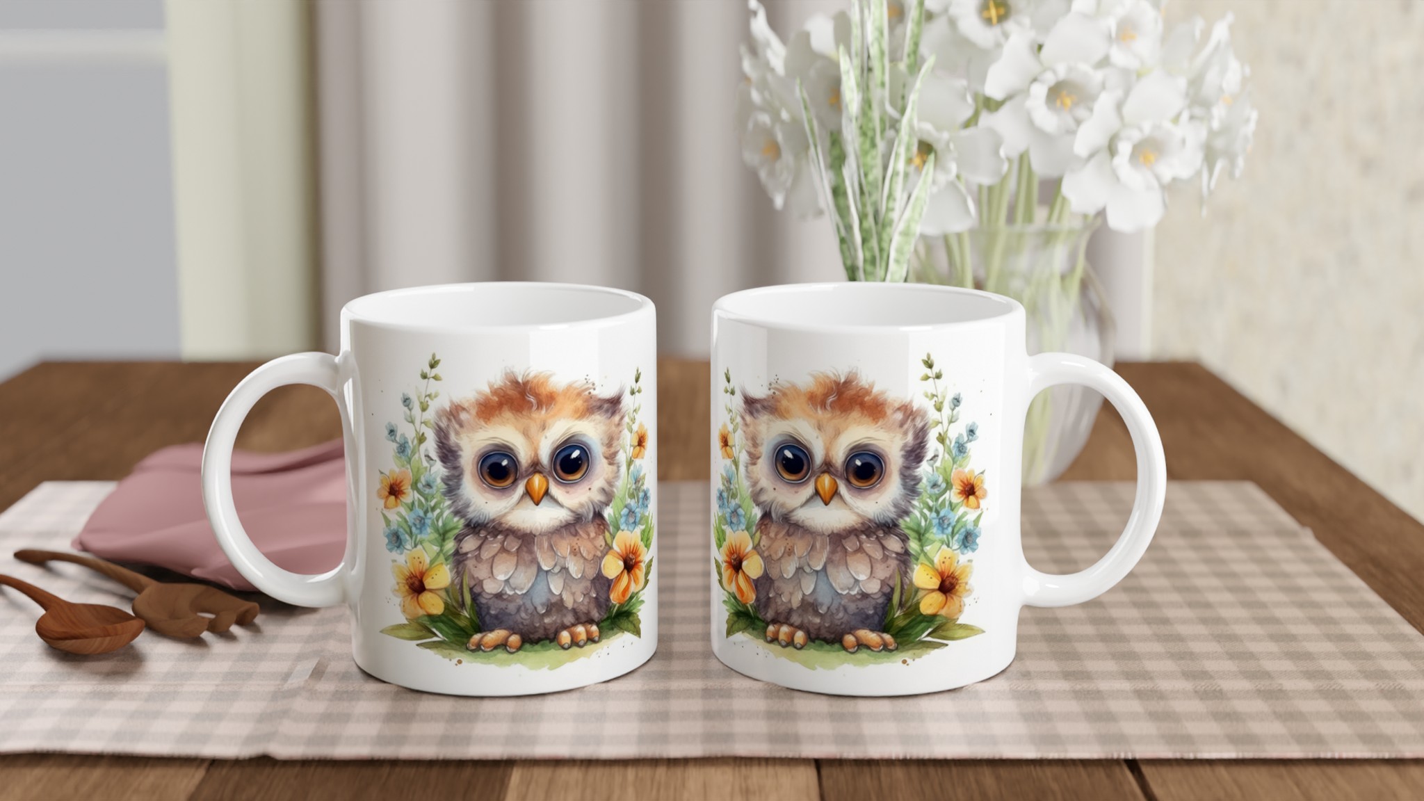 Vit 11oz Keramisk Mugg med Charmig Ugglemotiv i Väljbar Färgpalett 10 33885964-f9b9-4917-8250-04b9ddc892b0