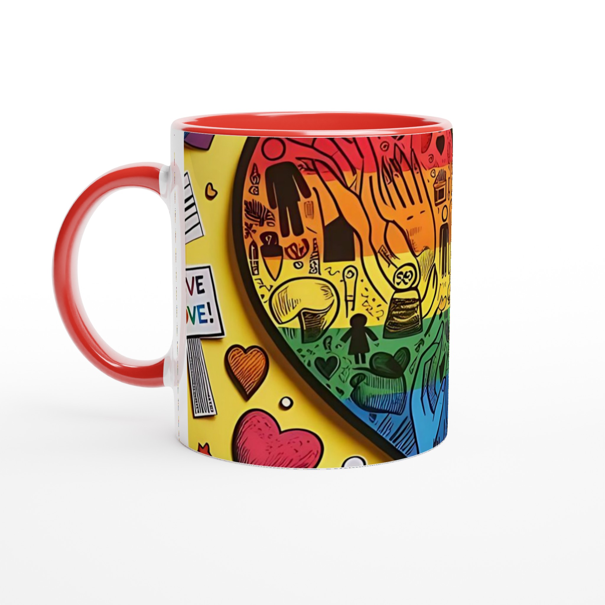 Vit 11oz keramisk mugg med färgglad PRIDE-hjärtdesign – välj bland sju livfulla keramiska färger 5 33b89a5f-7c2c-4482-962c-e8c18f6b8492