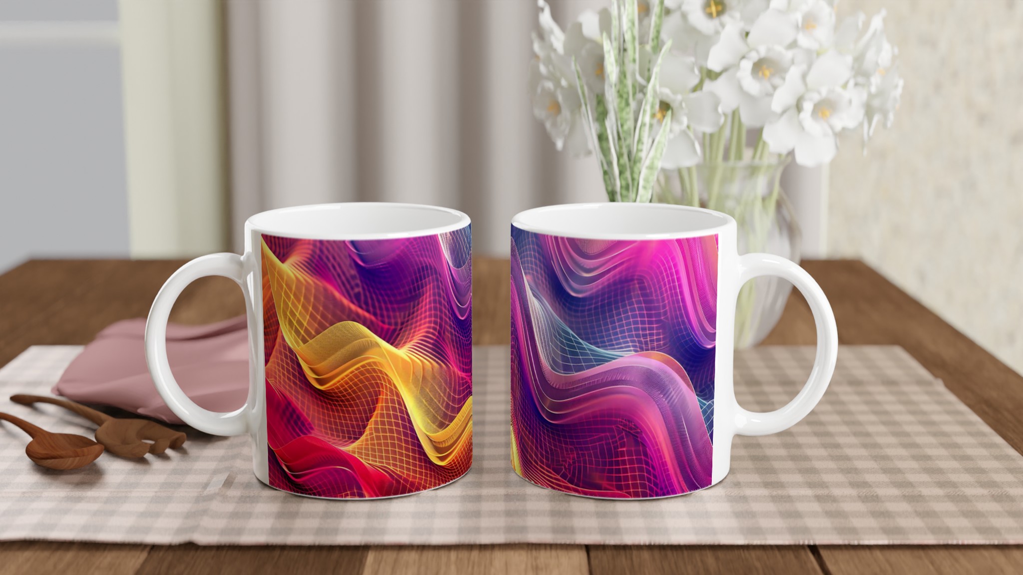 Vit 11oz keramisk mugg med livfull abstrakt design i flera färger 10 347dbe1e-01ff-43d1-8bb8-64527e9d104f