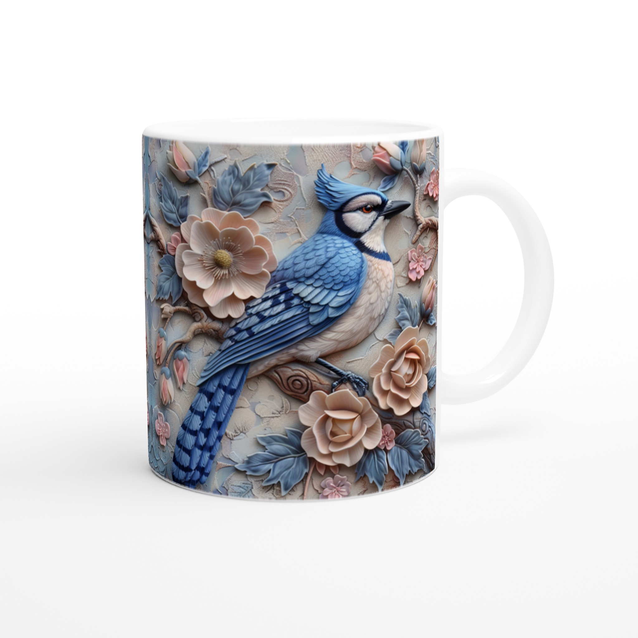 Vit 11oz keramisk mugg med elegant blåskrikfågel och blomsterdesign i mjuka pasteller 9 35c0fcde-080a-4f61-b087-e593c69e5cee