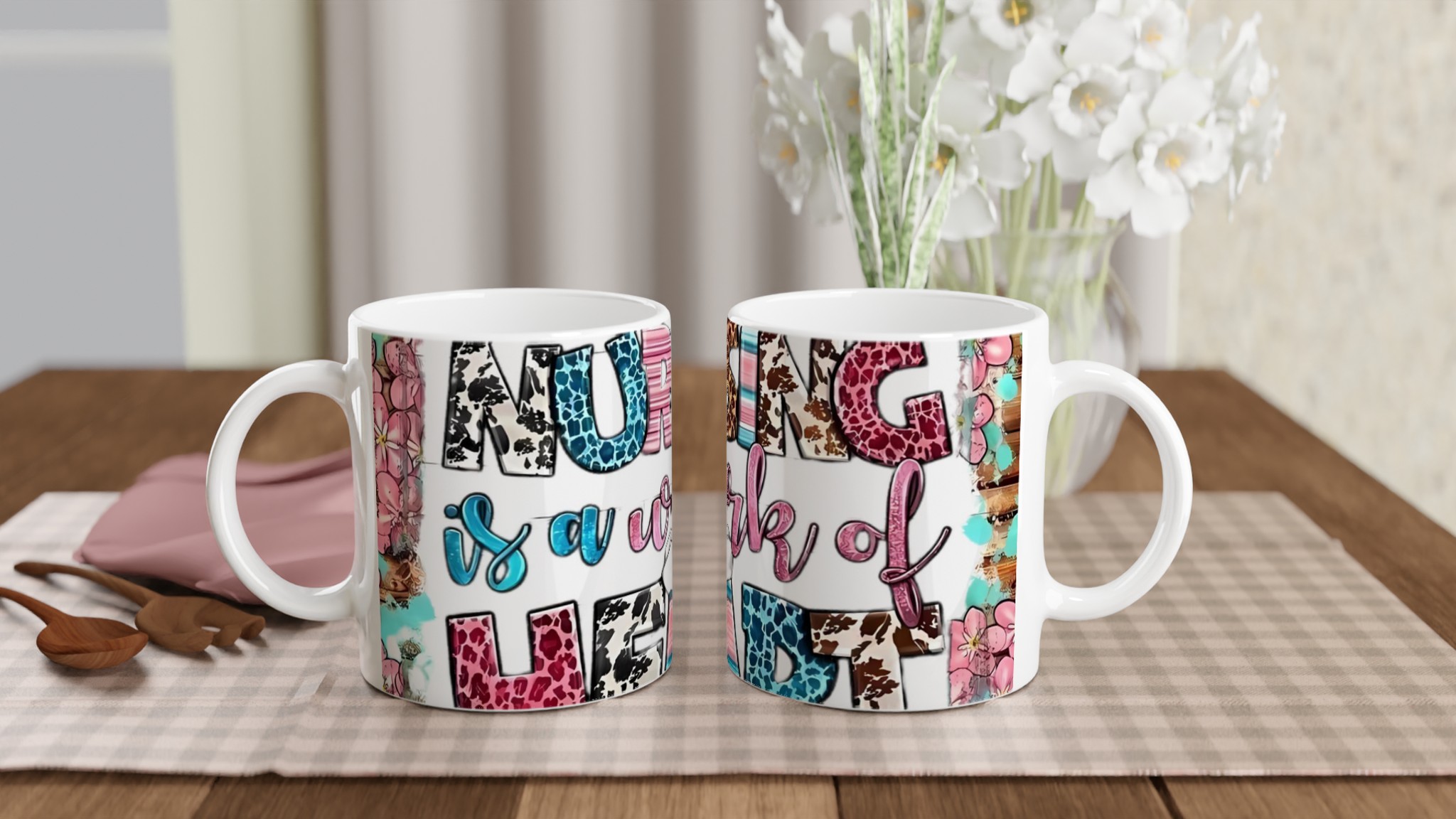 Vit 11oz keramisk mugg med livfull 'Nursing is a Work of Heart'-design i flera färgstarka varianter 10 36505440-060e-4683-bc84-254d25dc7398