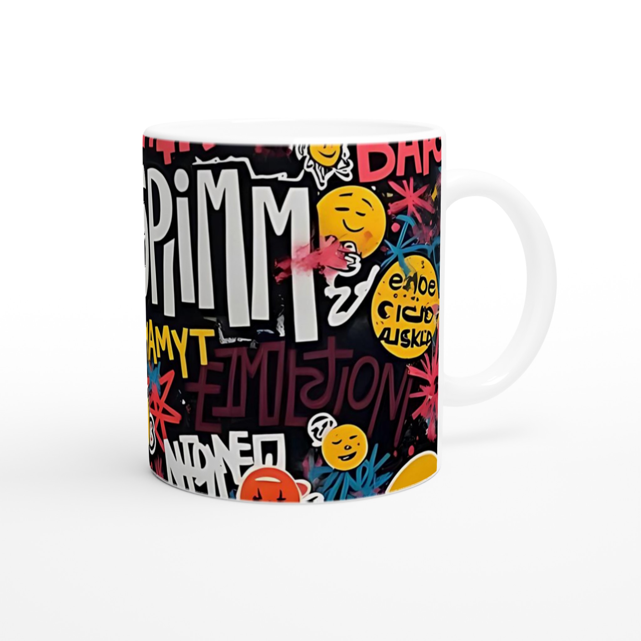 Vit 11oz keramisk mugg med färgstarkt graffiti- och smileymotiv – välj din favoritfärg! 9 37461ffd-1830-4d64-8eb5-7c865ecccbab