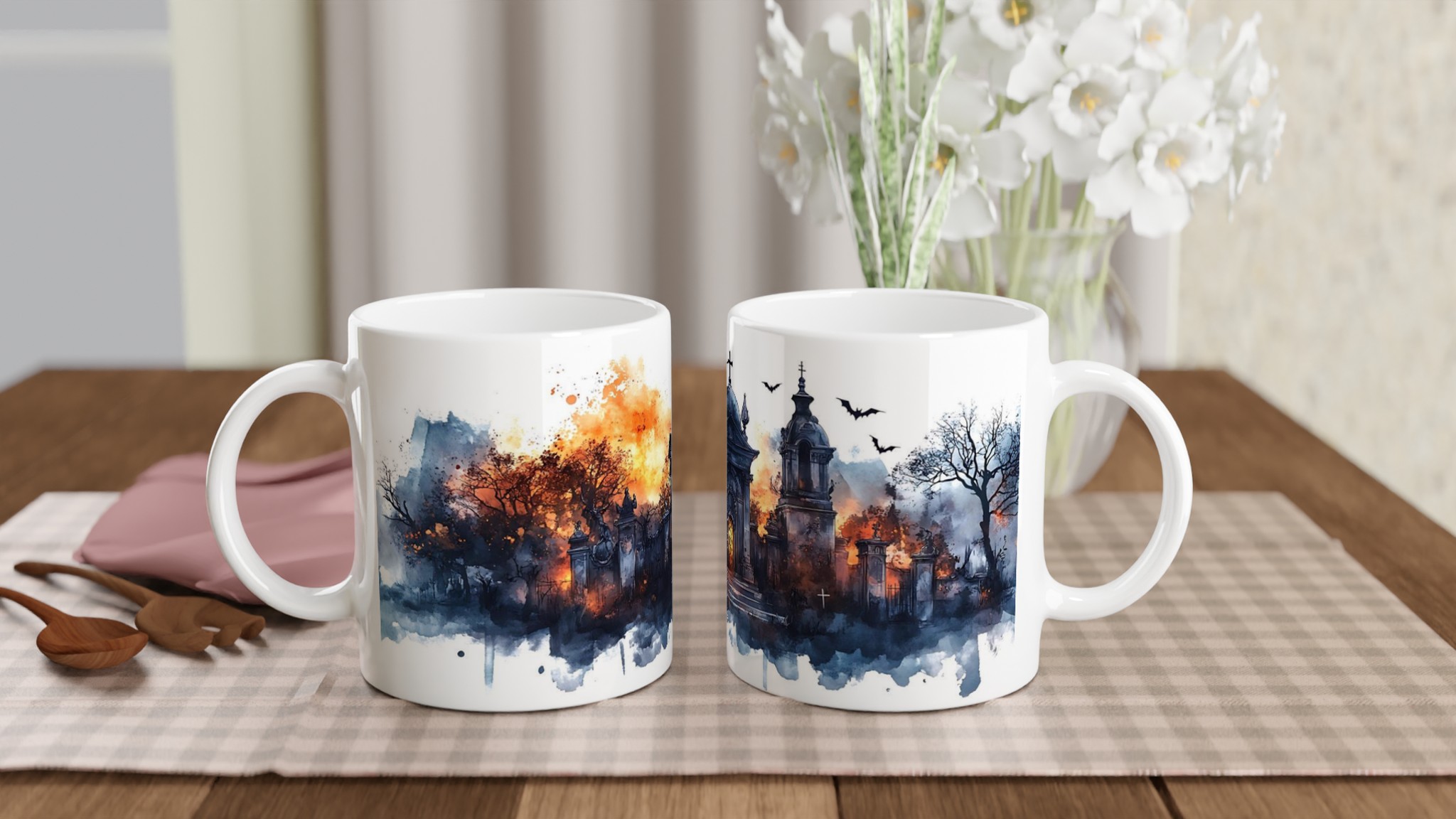 Mörk Romantik Keramisk Mugg – Gotisk Kyrkogård Akvarell i Eldiga Nyanser – 11oz Favoritmugg i Valfri Färg 10 379ec613-e132-4a50-950e-2a1b63ffb70b