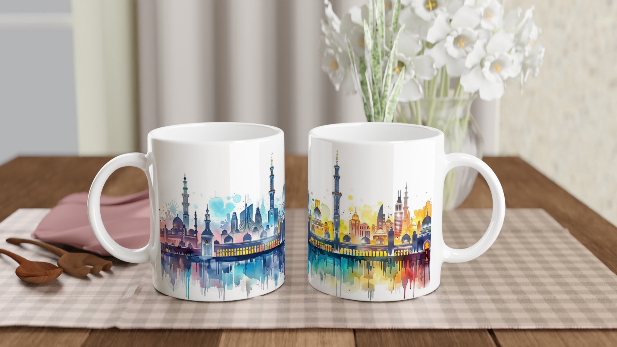 Abstrakt Ökenstads-Mugg – Akvarell Skyline med Levande Reflektioner, Välj Din Favoritfärg! 11 37e3dcf1-f09d-43d6-9e99-499dd91e4dbf