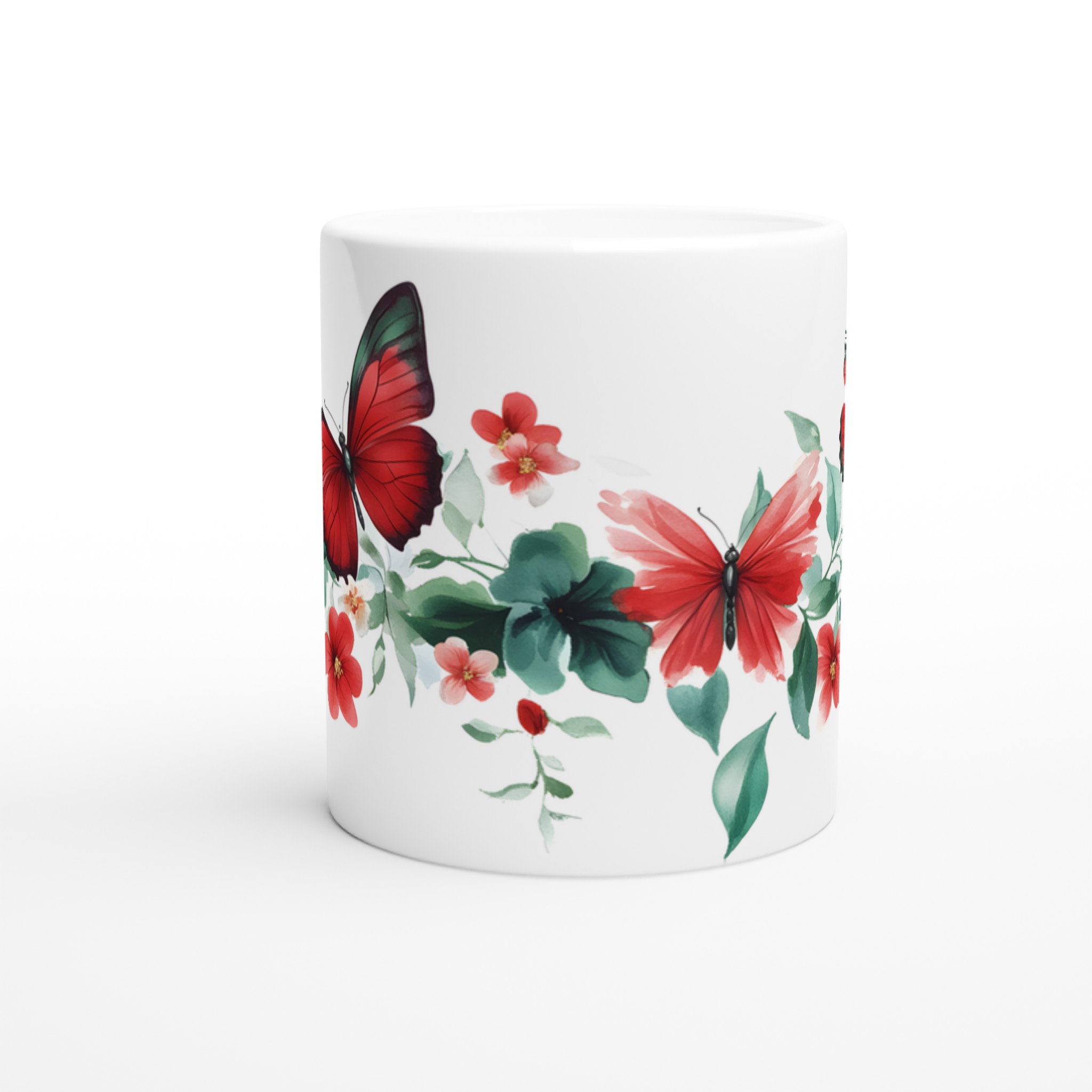 Fjärilsdröm 11oz Keramisk Mugg – Akvarellblommor & Röda Fjärilar i Valfri Färg 8 3832a860-c16a-48c6-afb2-39d836ae0ab5