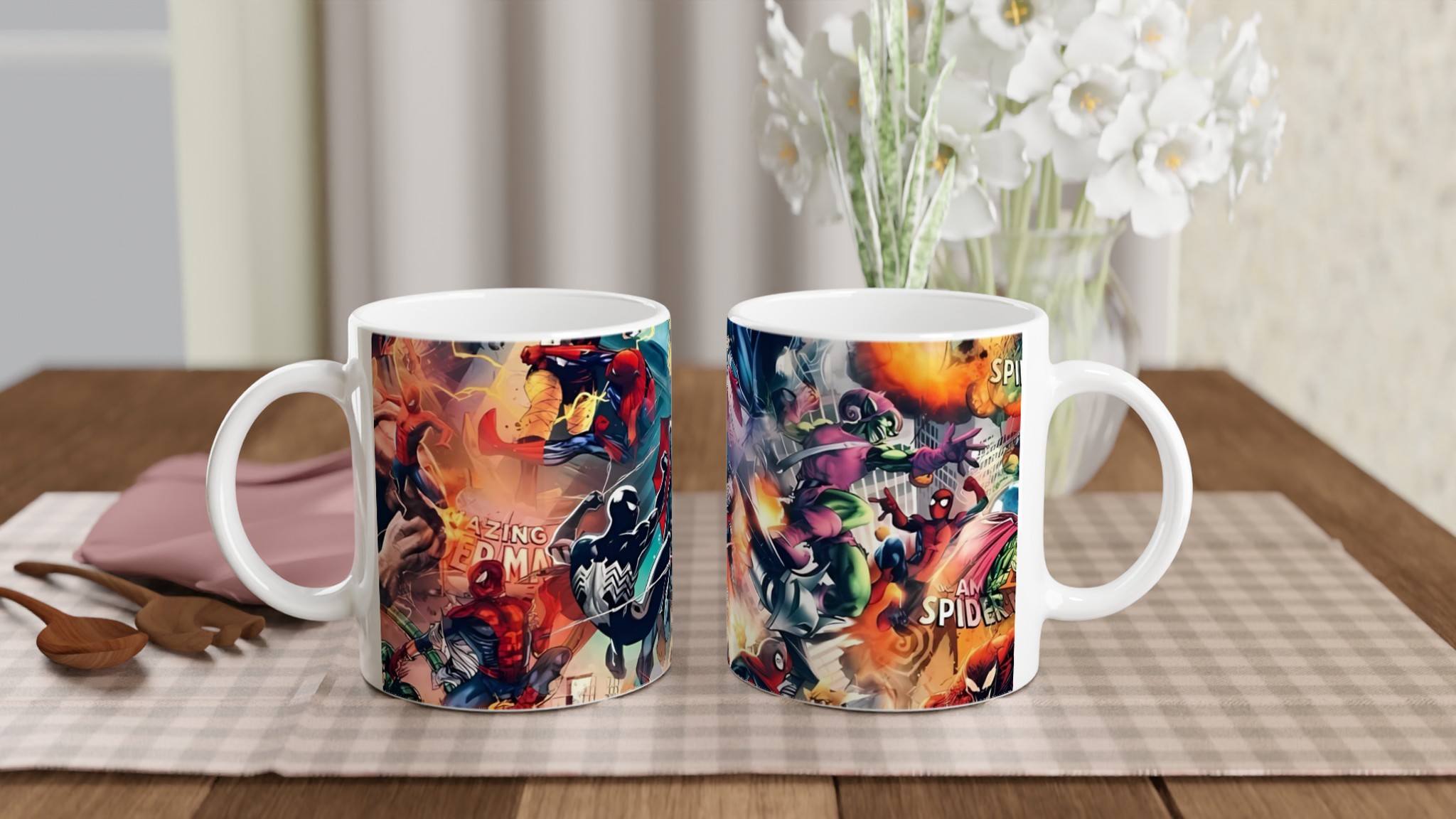 Vit 11oz keramisk mugg med sprakande Spider-Man serier i färgglad design 10 38ae2a23-2921-4258-93ba-2f0b6894eaa0