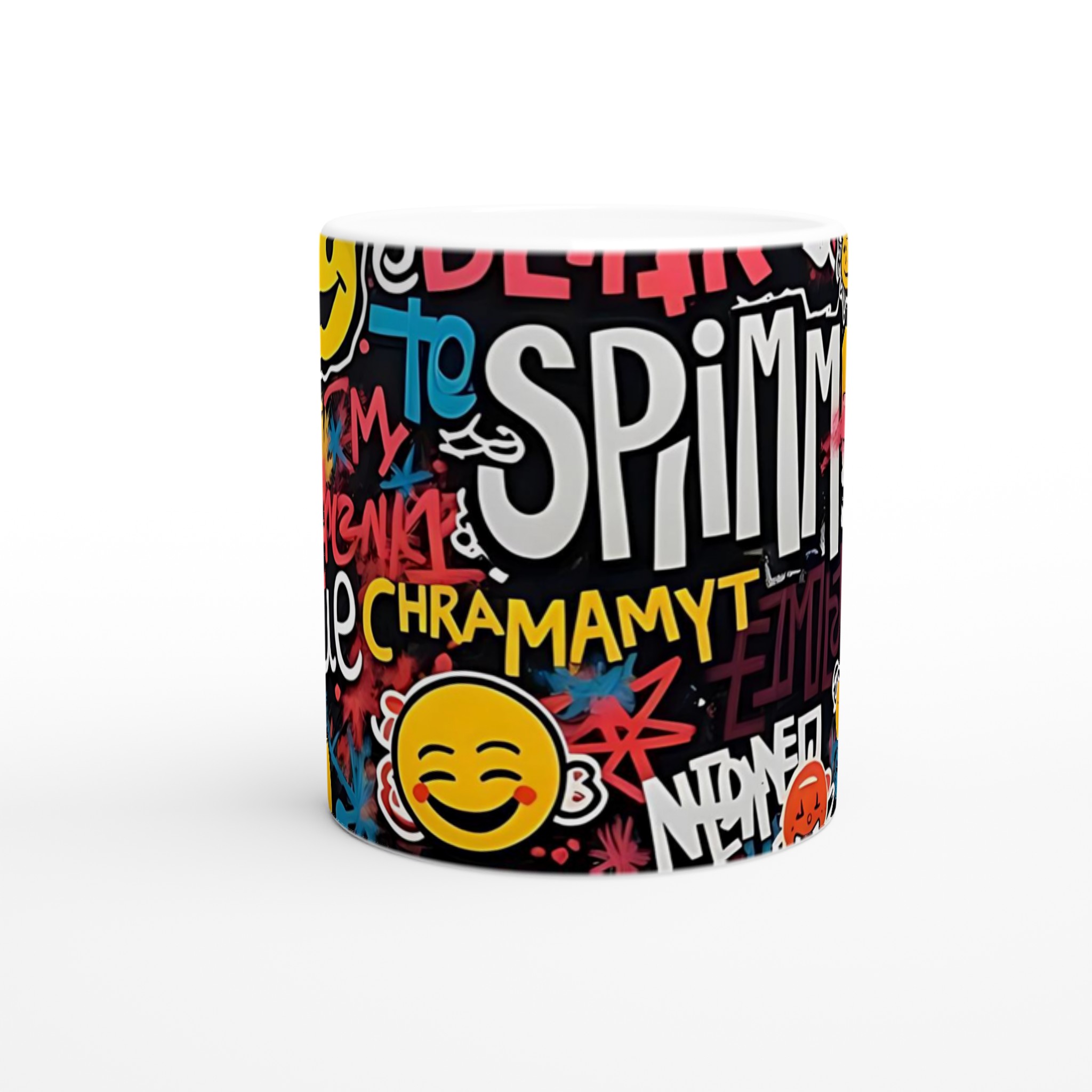 Vit 11oz keramisk mugg med färgstarkt graffiti- och emoji-motiv i flera keramiska färger 8 3916e141-6d30-4689-ac97-ed253f1df17c