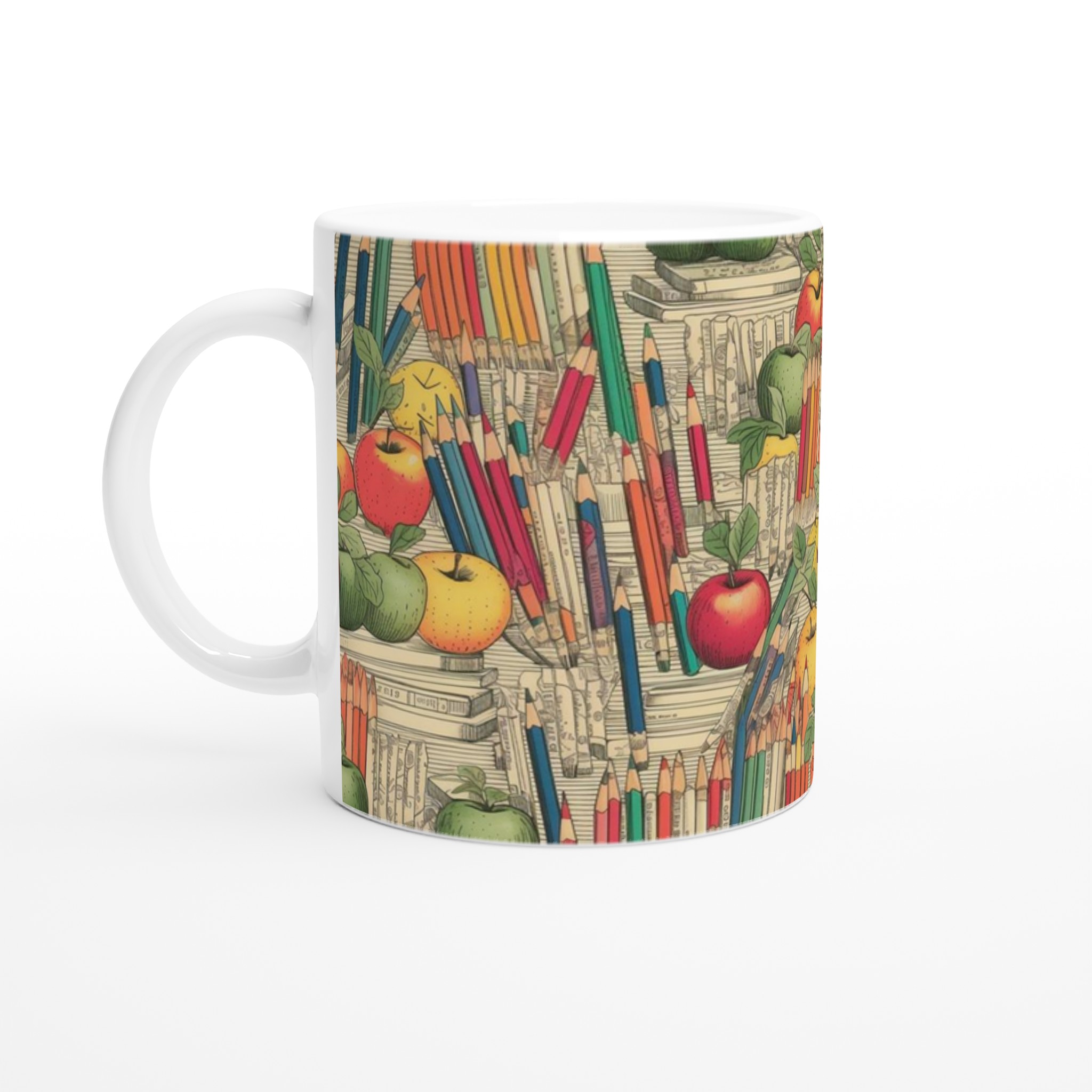 Vit 11oz keramisk mugg med färgglad bok- och äppelmönster i valfri keramikfärg 1 3a07e011-6d3c-4884-bce1-b8087734293b