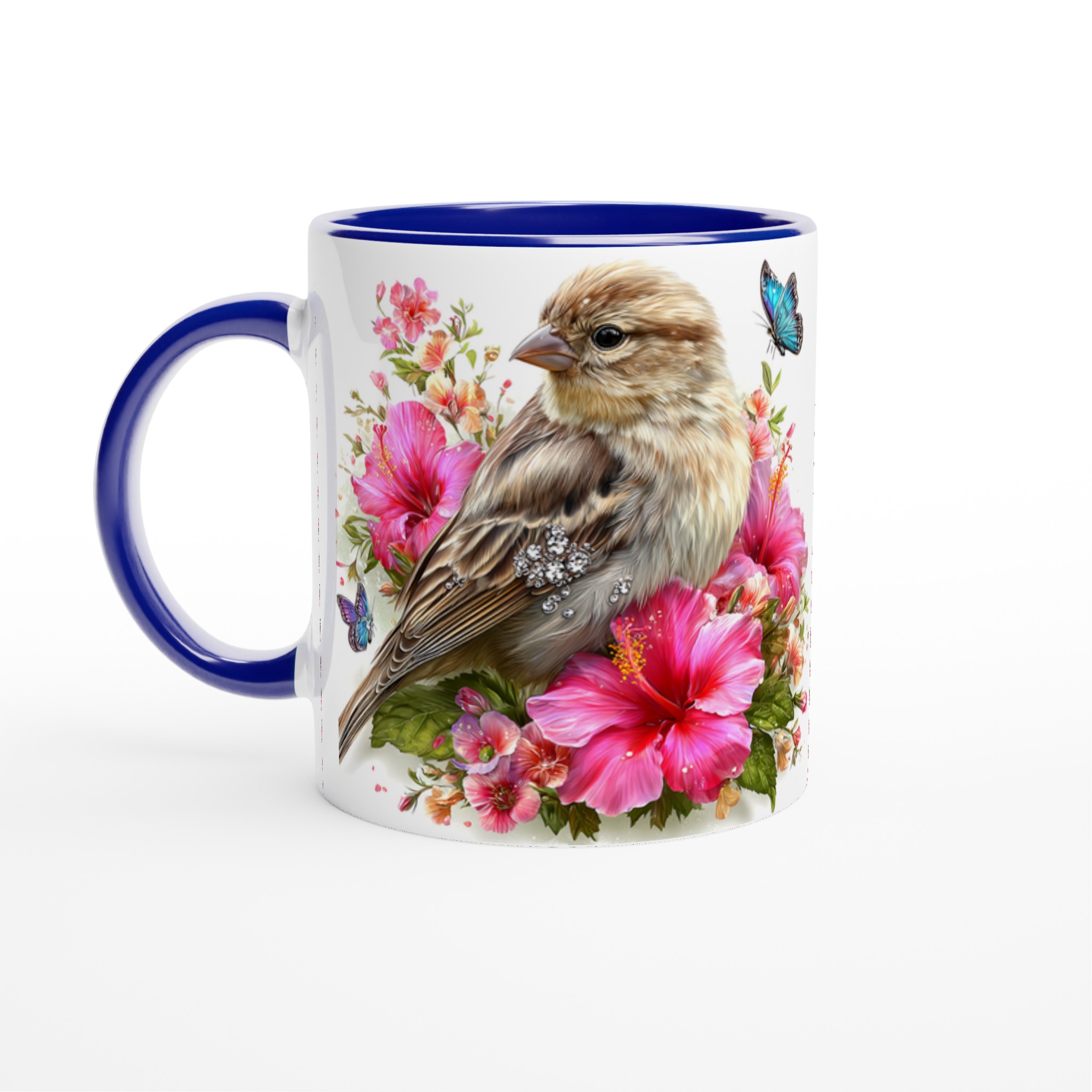 Vit 11oz keramisk mugg med naturinspirerat fågel- och blomstertryck i livfulla färger 2 3a61e9bc-4442-4957-87fe-7551152e4b7d
