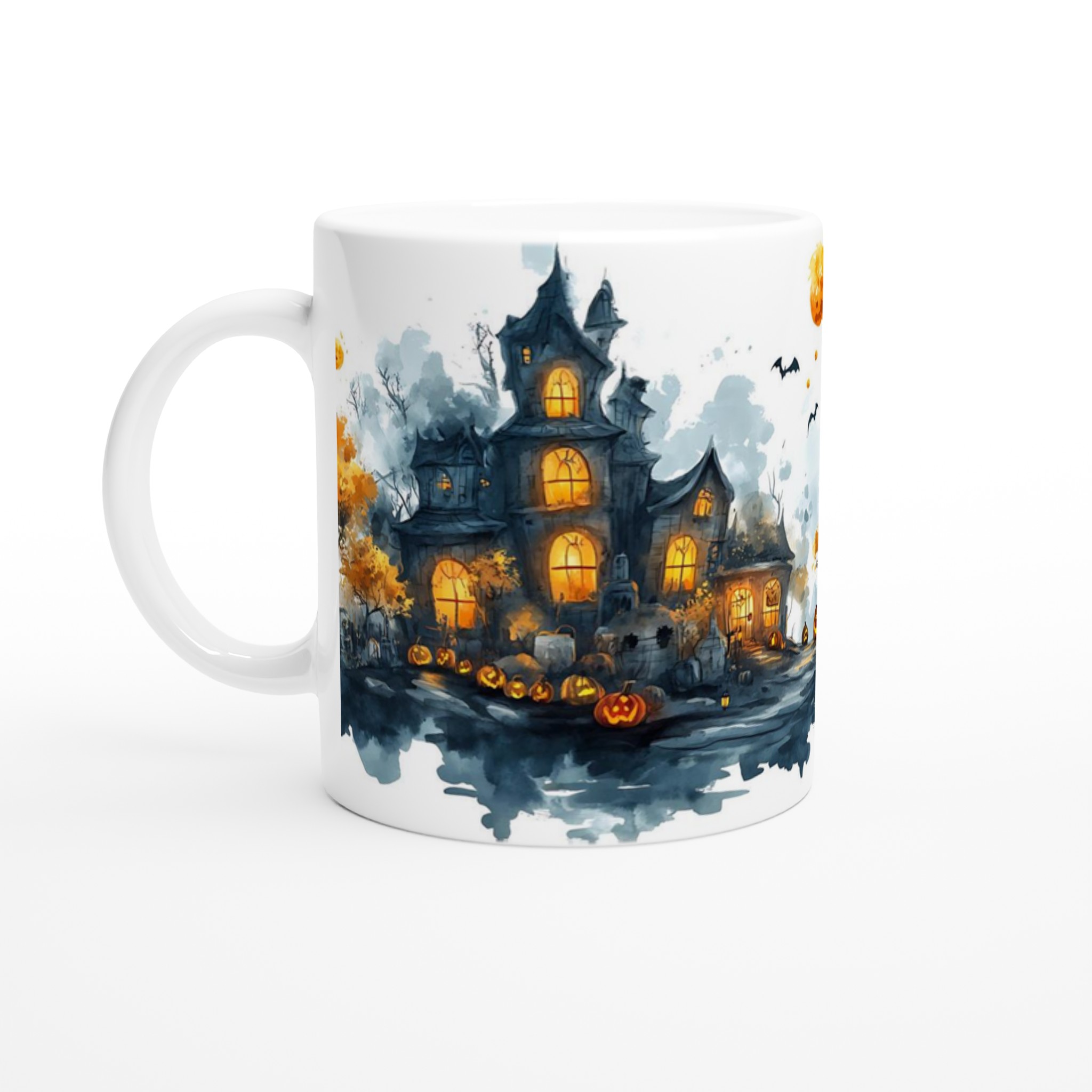 Spooky Halloween Haunted House Mugg - Akvarellstil med Lysande Pumpor och Fladdermöss 1 3b1117c6-f058-4fcb-af2d-7e2f77dd5e3a