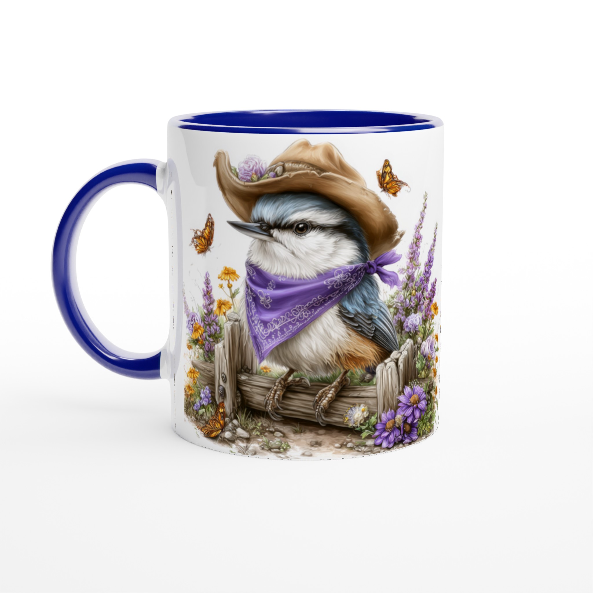 Vit 11oz keramisk mugg med charmig fågel i cowboyhatt – välj bland sju dekorativa färger 2 3b63cdee-7dab-4e35-a4ed-7d17f18f69fe