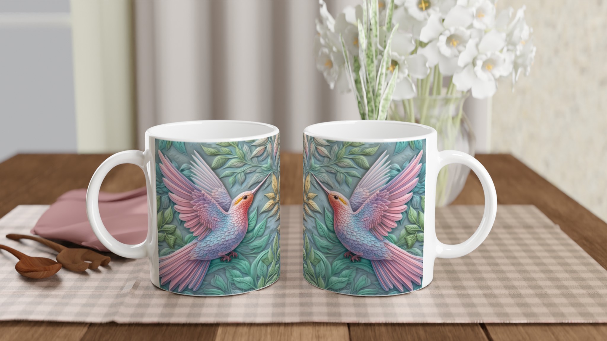 Vit 11oz keramisk mugg med drömskt kolibri- och lövmotiv i mjuka pasteller 10 3b81fc30-33fe-4aaf-a82d-b69413d80f13