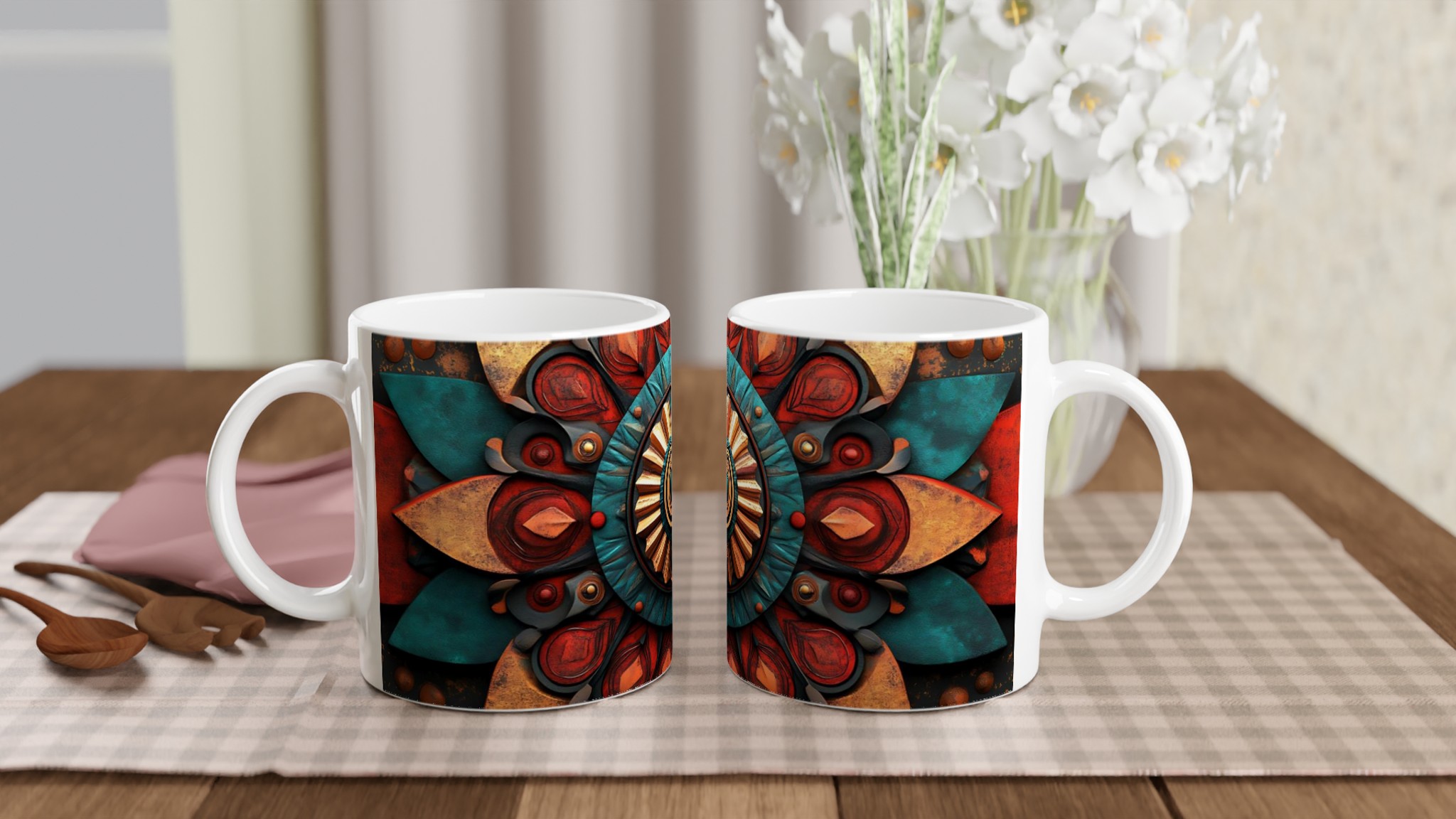 Aztec Inspired Keramikmugg - 11oz Mandala Mönster i Rött & Turkos 10 3b87c81f-fe12-4ae1-9efd-febb278d7605