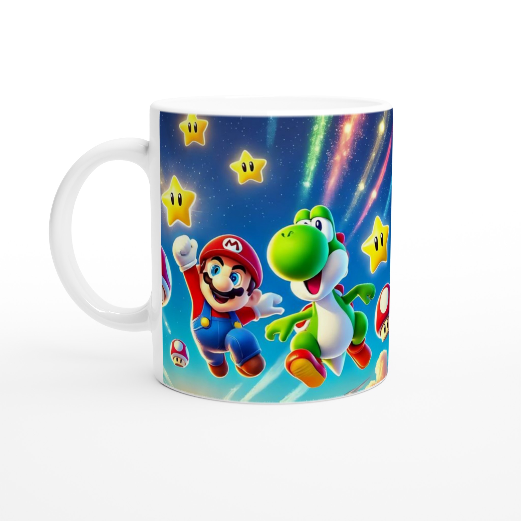 Vit 11oz keramisk mugg med färgstarka spelkaraktärer och magiska stjärnor – välj din keramiska färg 1 3b8c9584-afd7-4e22-8861-07e0997ae7d4