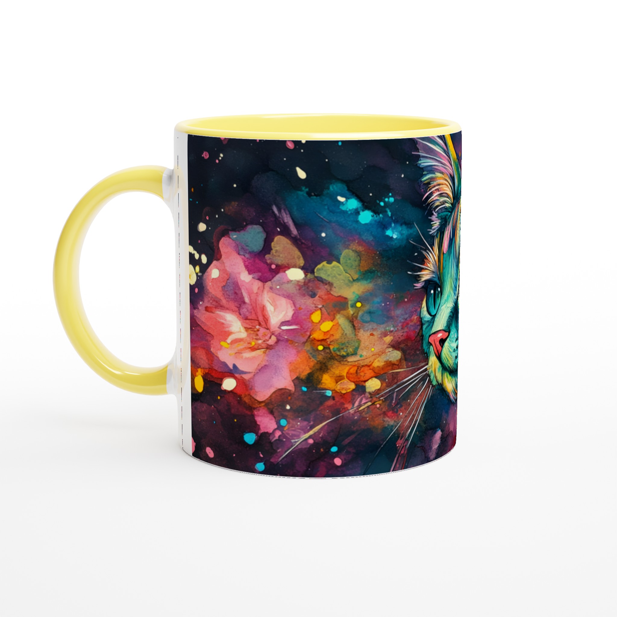 Vit 11oz Keramisk Mugg med Färgstark Katt- och Blomsterdesign i Din Favoritfärg 3 3c249813-7f2e-4e21-a133-d367c494b515