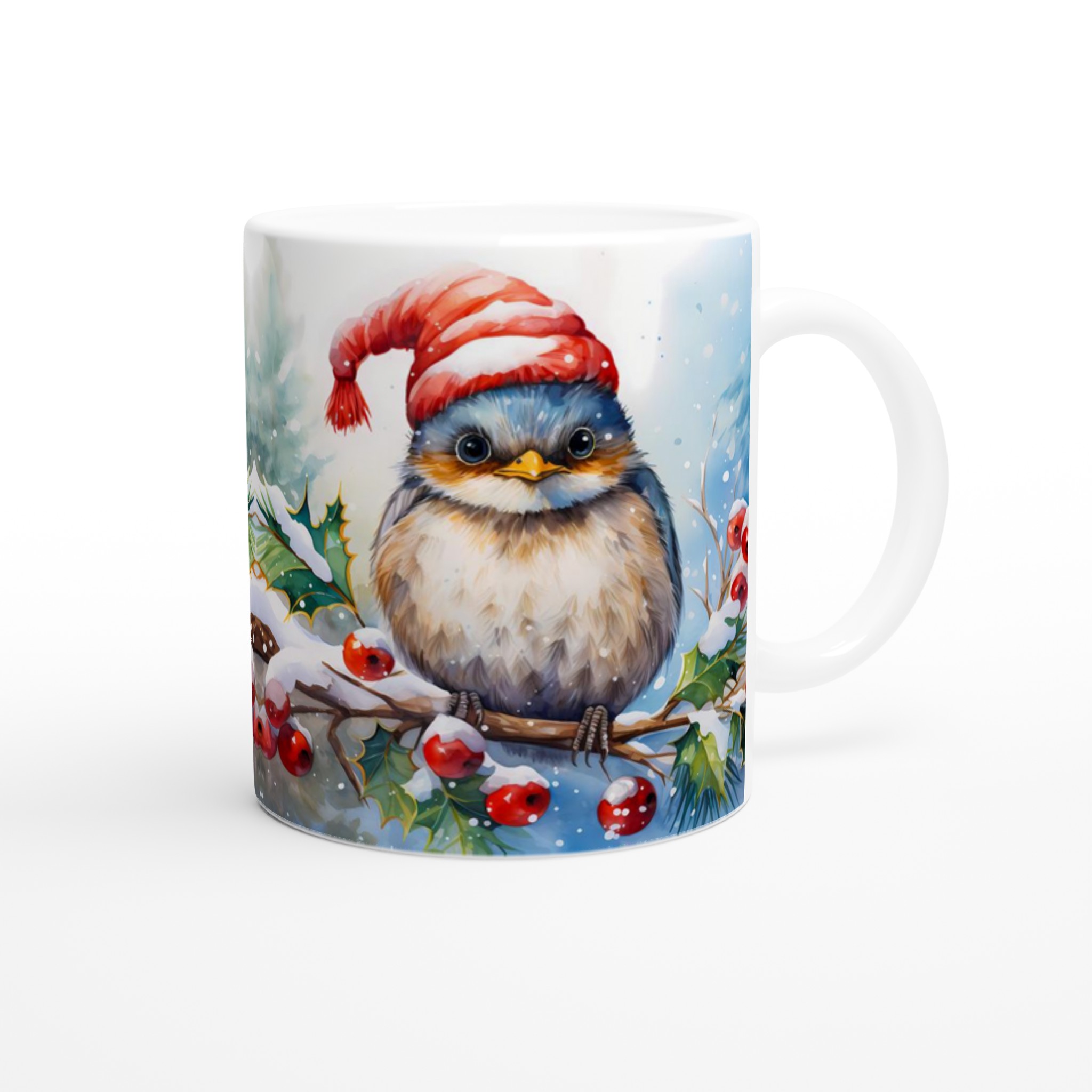 Mysig Julpippi Mugg – Vinterfågel med Tomteluva, Akvarellstil, Flera Färger – 11 oz Keramisk Kaffemugg 9 3c976edf-90ef-41e7-9750-05c49eaf34be