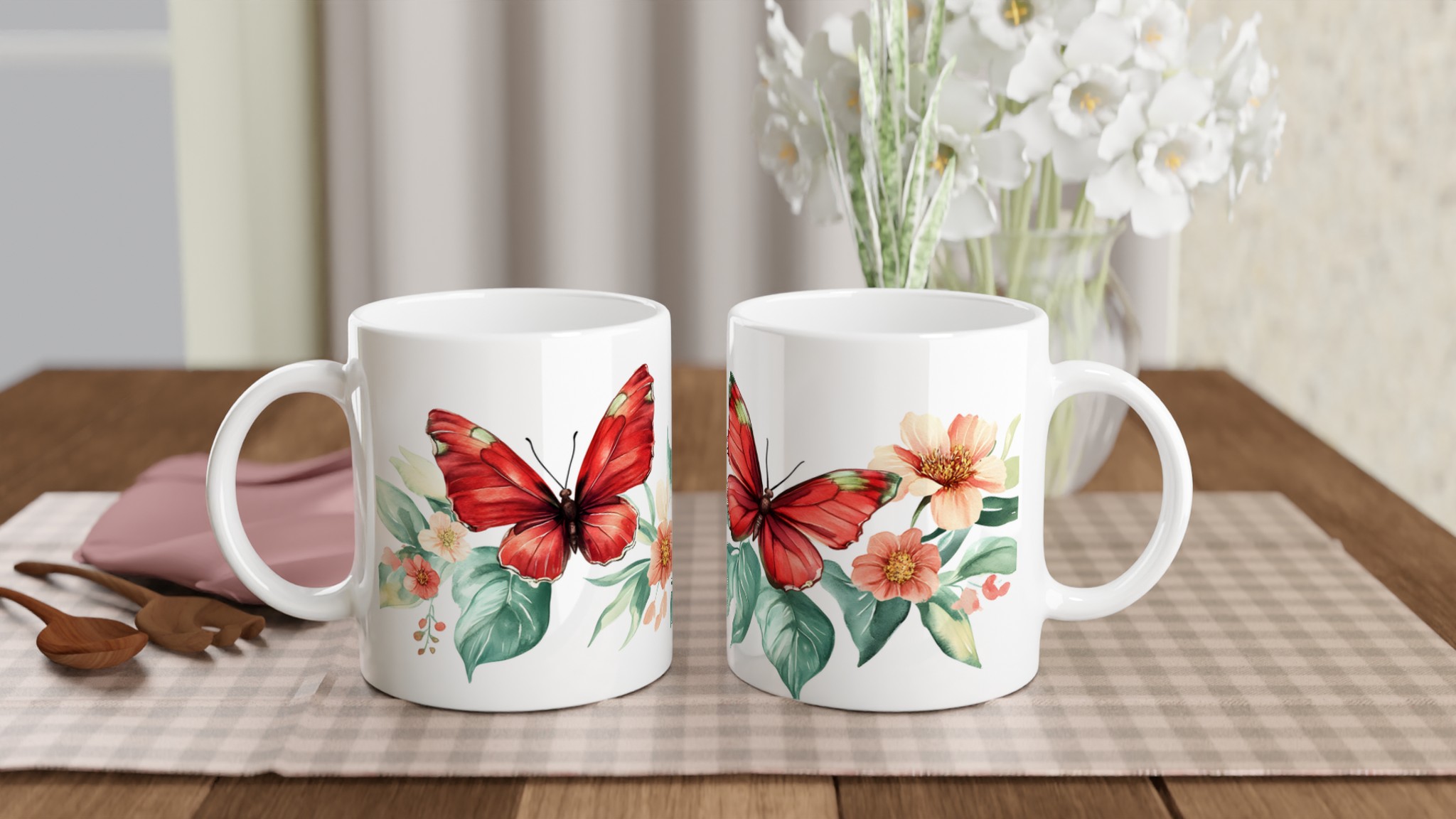 Fjärilsmugg - Akvarellblommor & Röda Fjärilar 11oz Keramisk Mugg 10 3cf82d0b-0d9a-4f75-a3ff-c3ce001e9da7