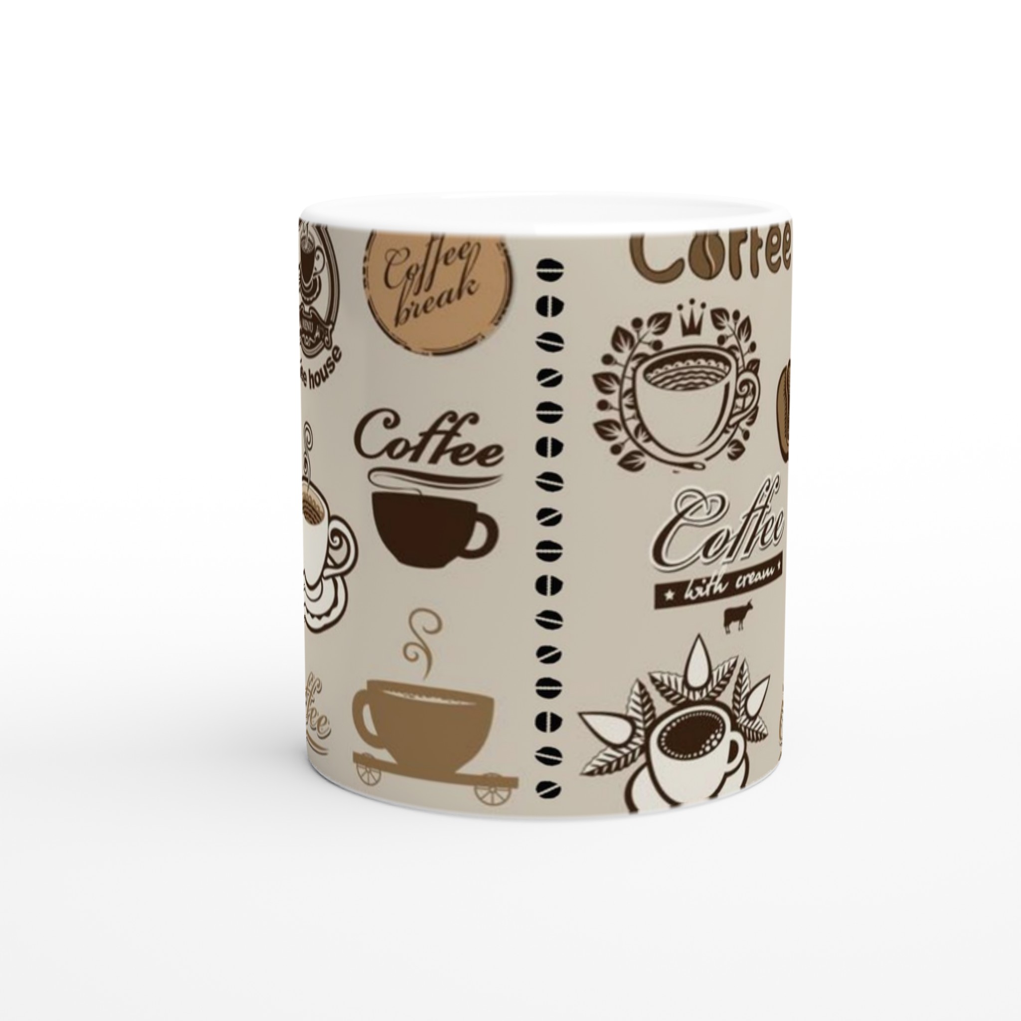 Vit 11oz keramisk mugg med klassiska kaffemotiv i bruna toner – välj bland sju färger 8 3d6668ca-d0d2-4307-8b70-e0b3ba32bd24