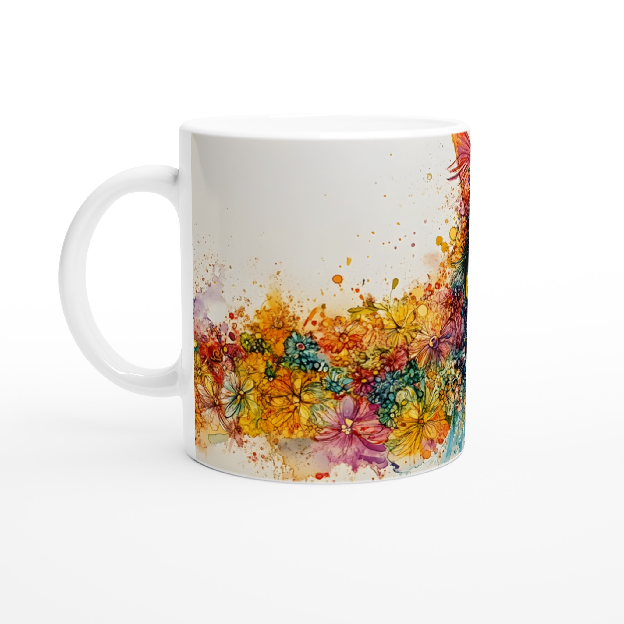Vit 11oz keramisk mugg med färgstarkt blomstrande kattmotiv – välj din färgstil 1 3db8ac06-89aa-4692-97c1-d3a843c5b2d6