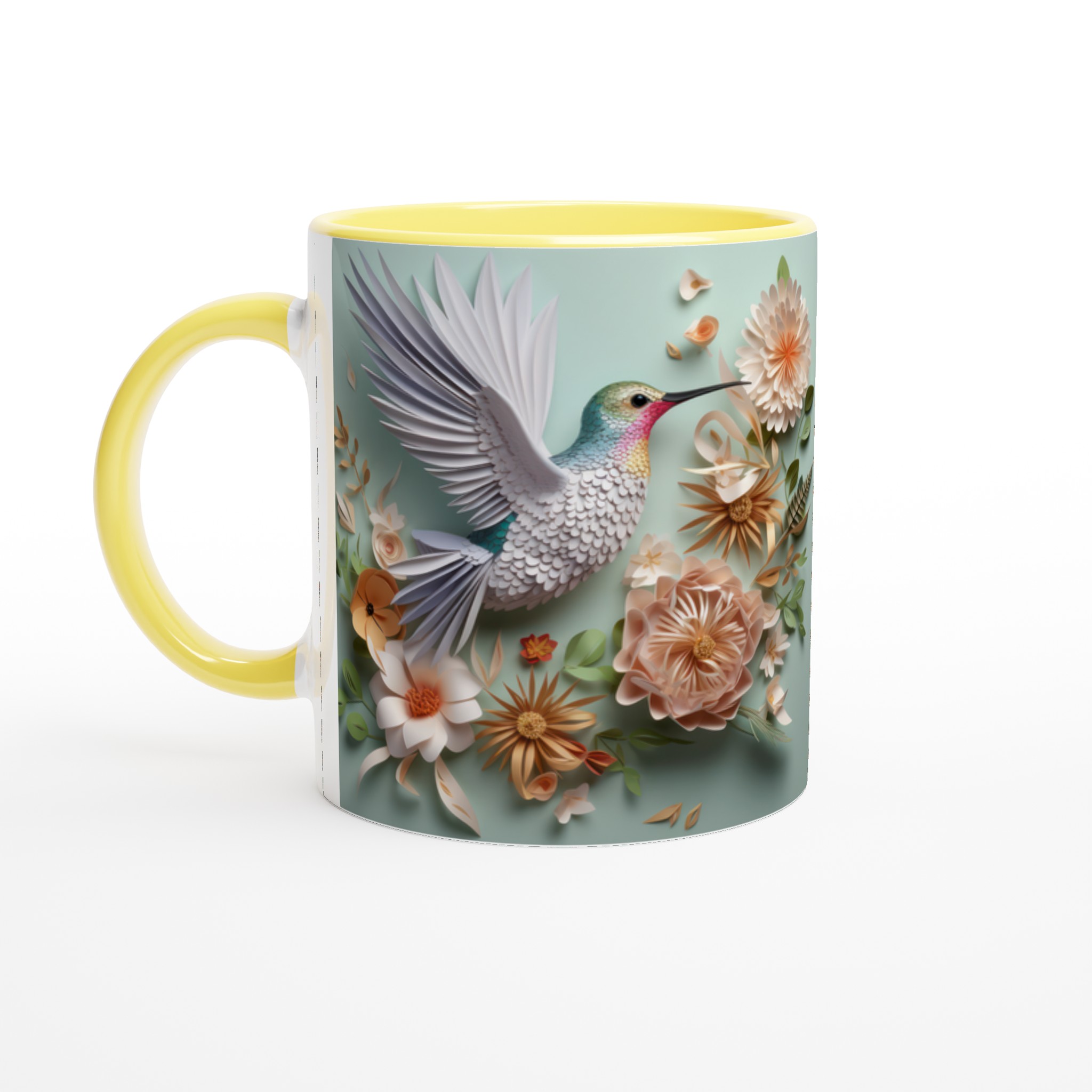 Vit 11oz keramisk mugg med elegant kolibri- och blomstertryck i mjuka pastelltoner 3 3e0e9a40-b9f6-43cf-a2f1-396d55152172