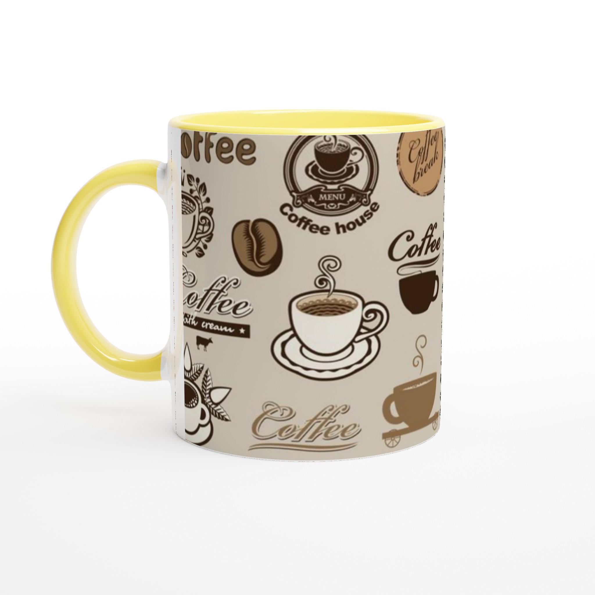 Vit 11oz keramisk mugg med klassiska kaffemotiv i bruna toner – välj bland sju färger 3 3e76ece9-7568-4c2a-a55c-4284ea3e6be5