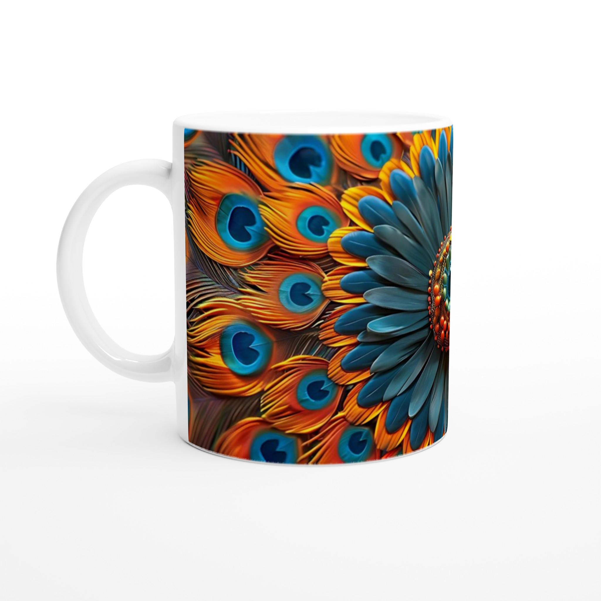 Påfågelinspirerad Keramisk Mugg 11oz - Konstnärliga Fjädrar i Starka Färger 1 3f022fcb-d446-4b87-8297-31f50ceab48e