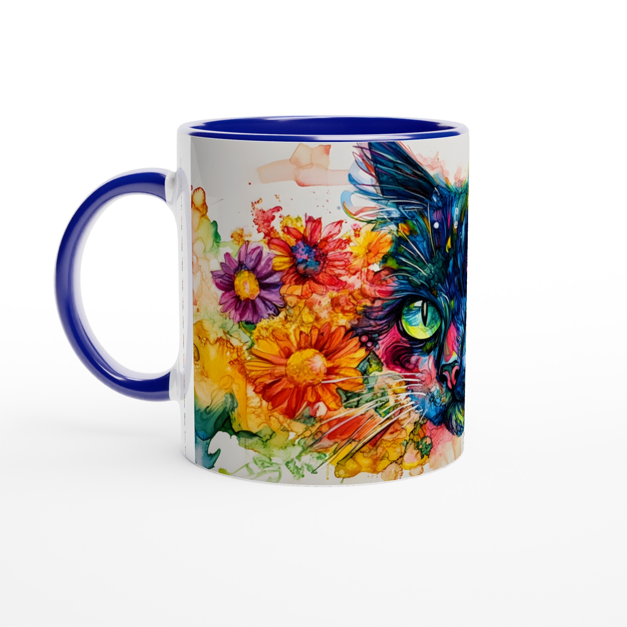 Vit 11oz keramisk mugg med färgstark katt och blomsterdesign i blå, gul och röd 2 40237a35-660d-4a94-9e5c-c2ee1a727182